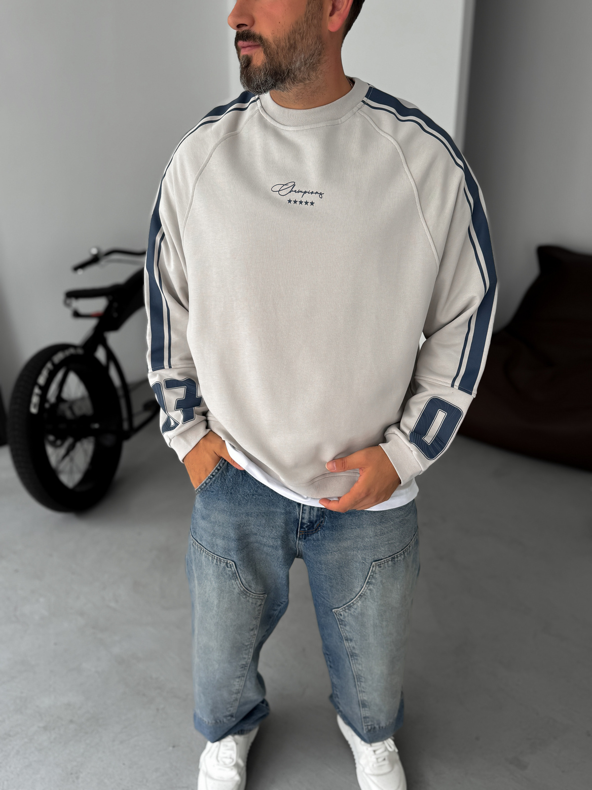Gri Champions Baskılı Parçalı Sweatshirt JJ-110