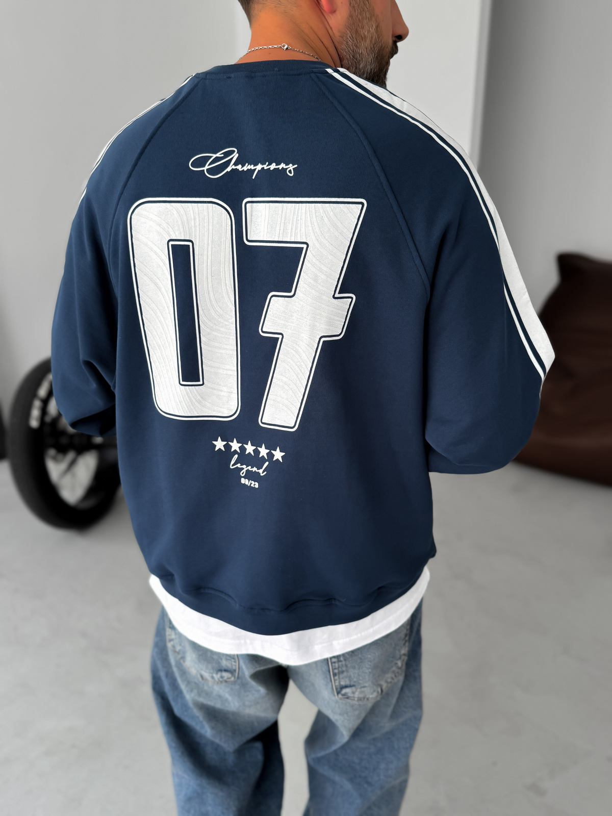 Lacivert Champions Baskılı Parçalı Sweatshirt JJ-110