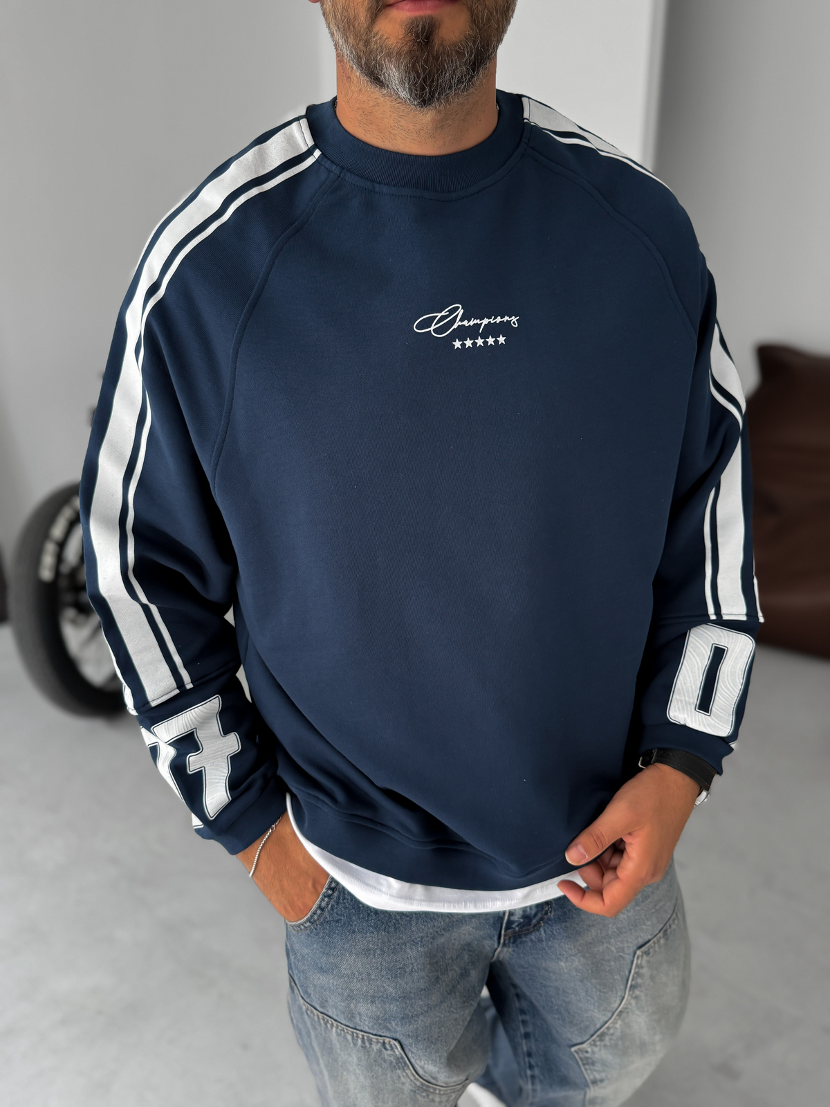 Lacivert Champions Baskılı Parçalı Sweatshirt JJ-110