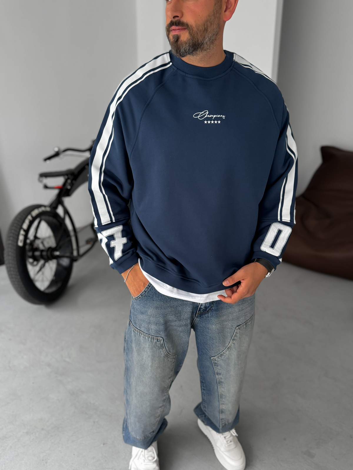 Lacivert Champions Baskılı Parçalı Sweatshirt JJ-110