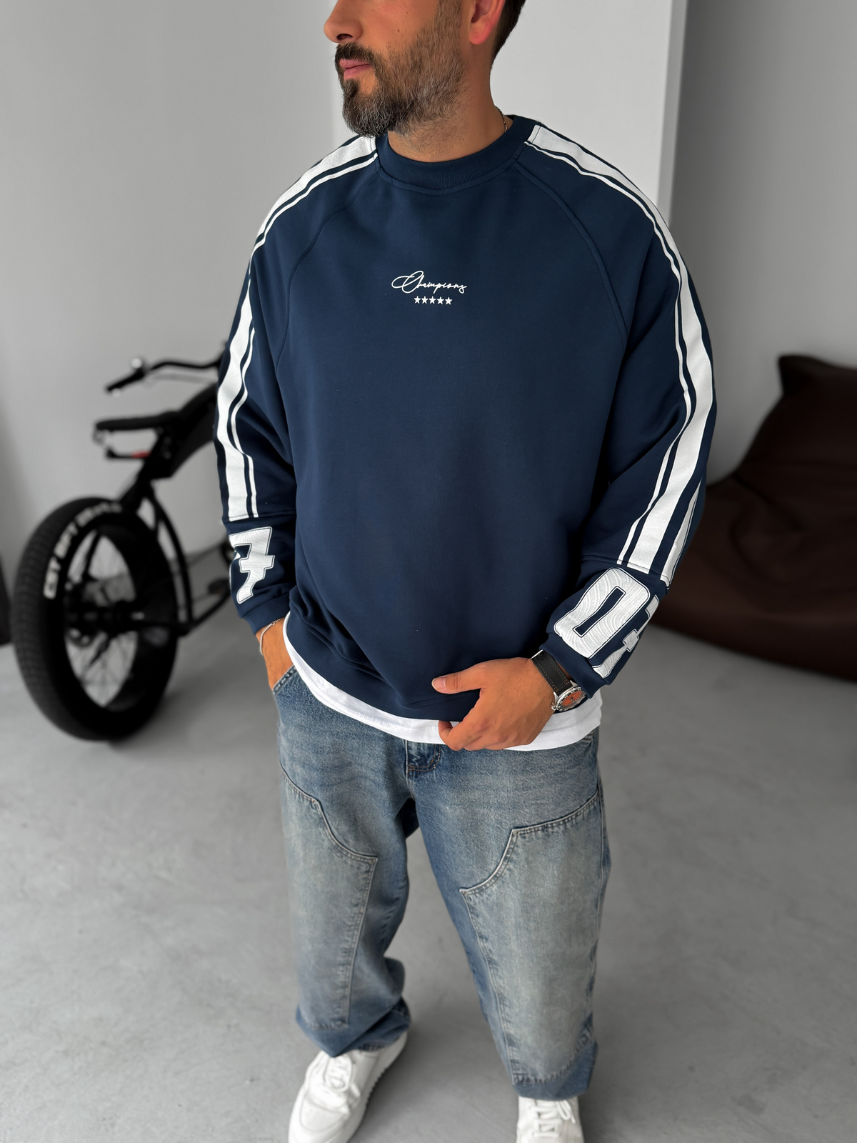 Lacivert Champions Baskılı Parçalı Sweatshirt JJ-110