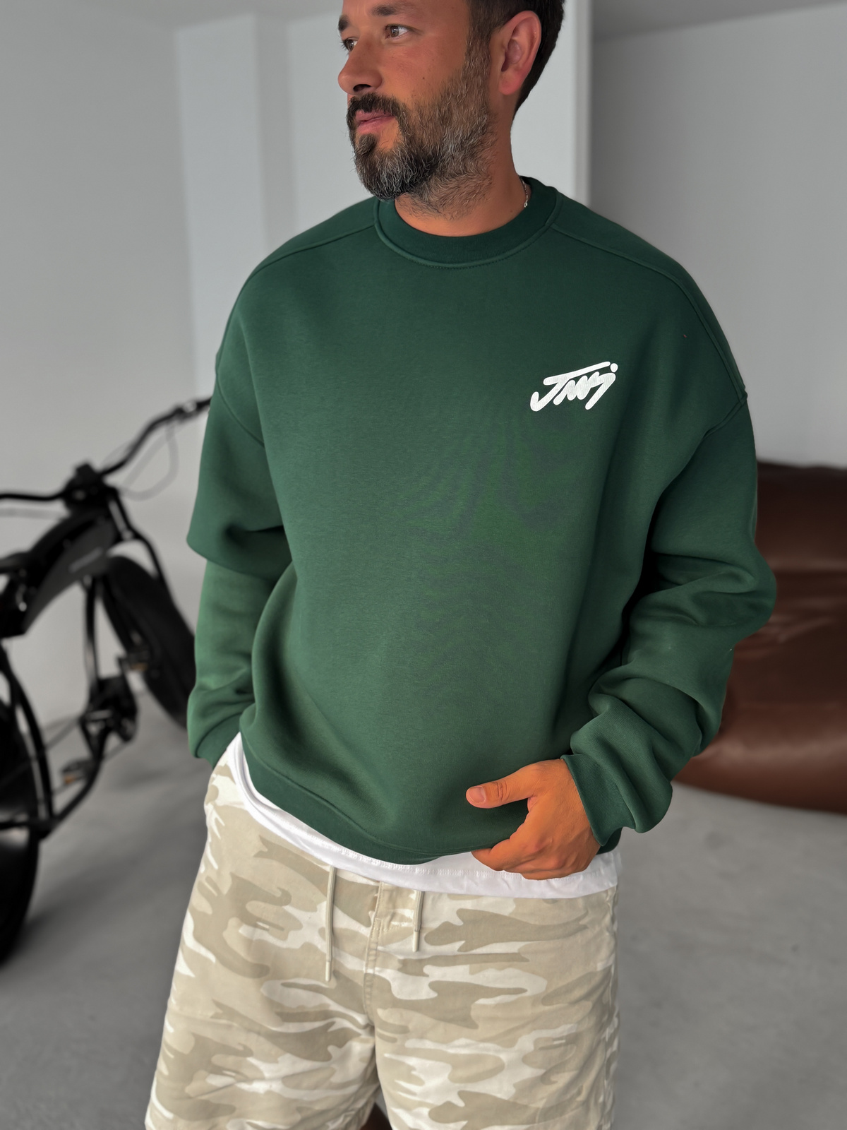 Koyu Yeşil Basic Baskılı Sweatshirt JJ-100