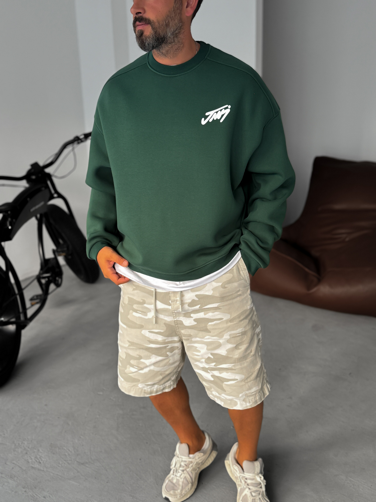 Koyu Yeşil Basic Baskılı Sweatshirt JJ-100