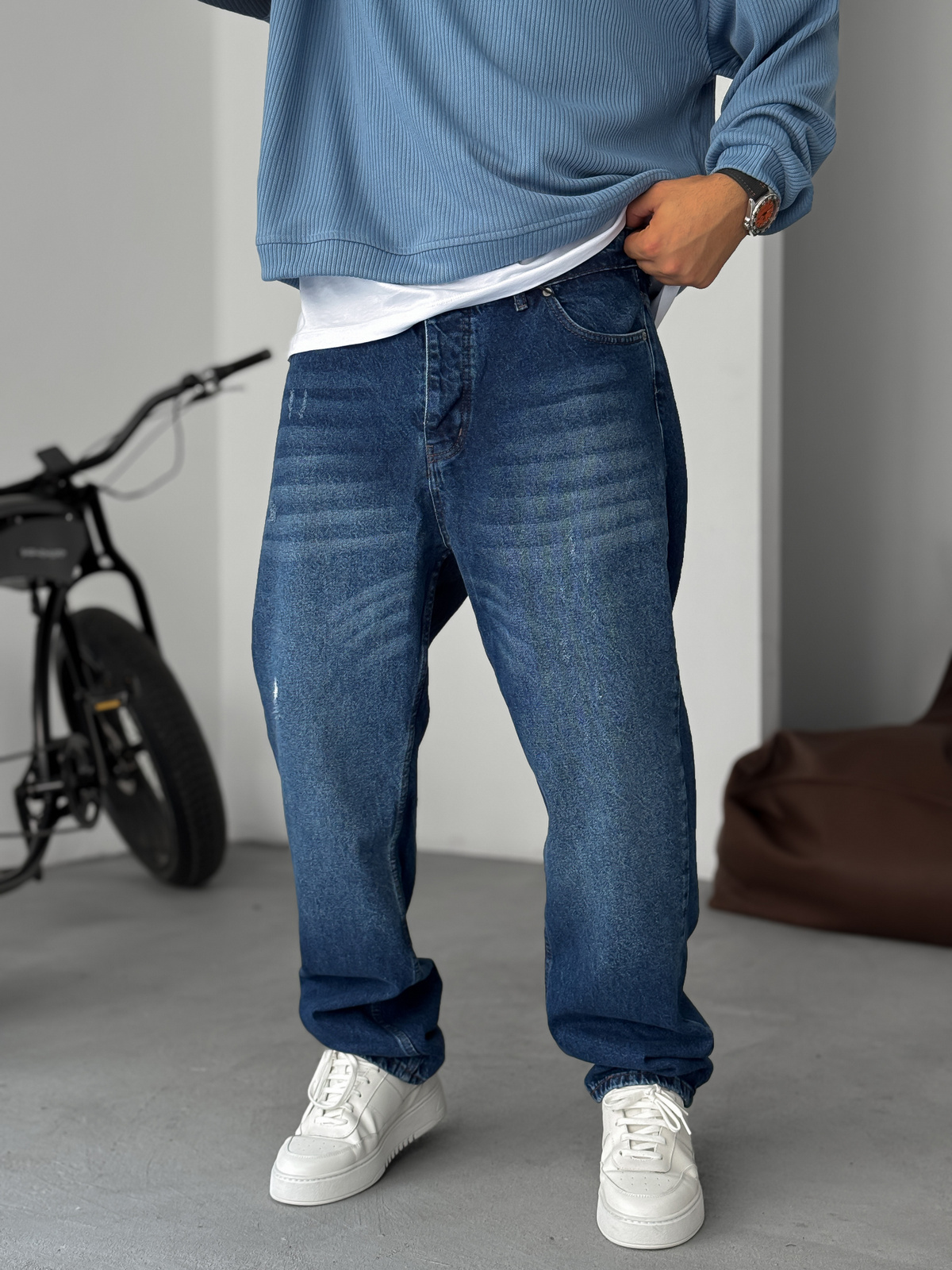 Koyu Mavi Yırtık Detaylı Baggy Jean KE-792