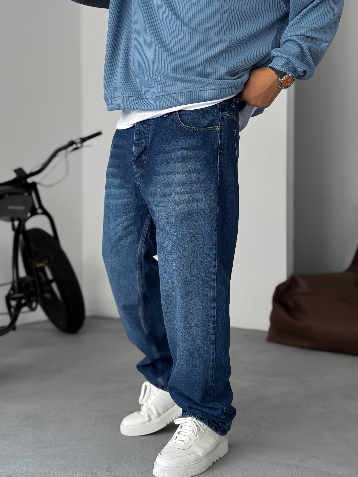 Koyu Mavi Yırtık Detaylı Baggy Jean KE-792