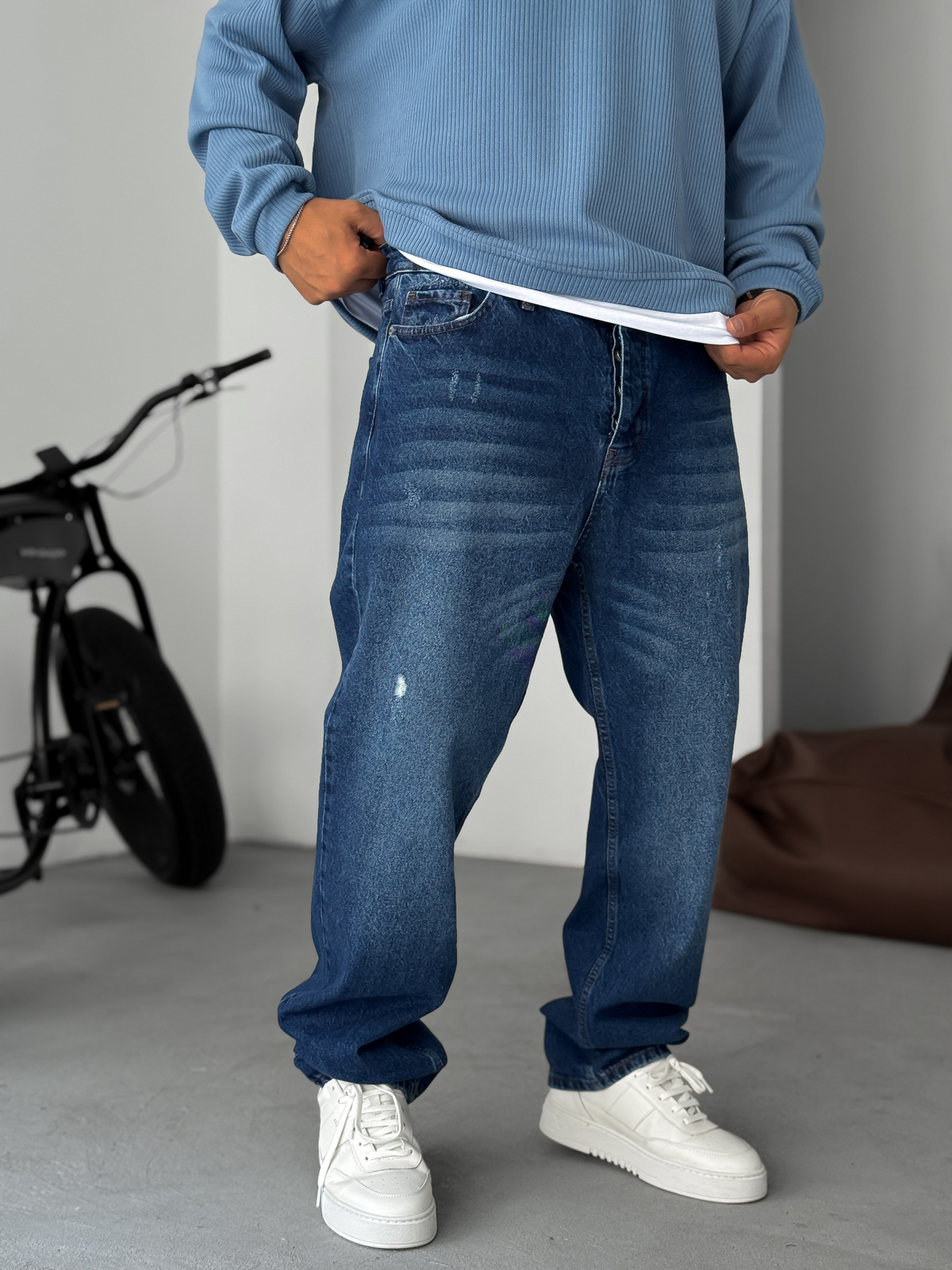 Koyu Mavi Yırtık Detaylı Baggy Jean KE-792