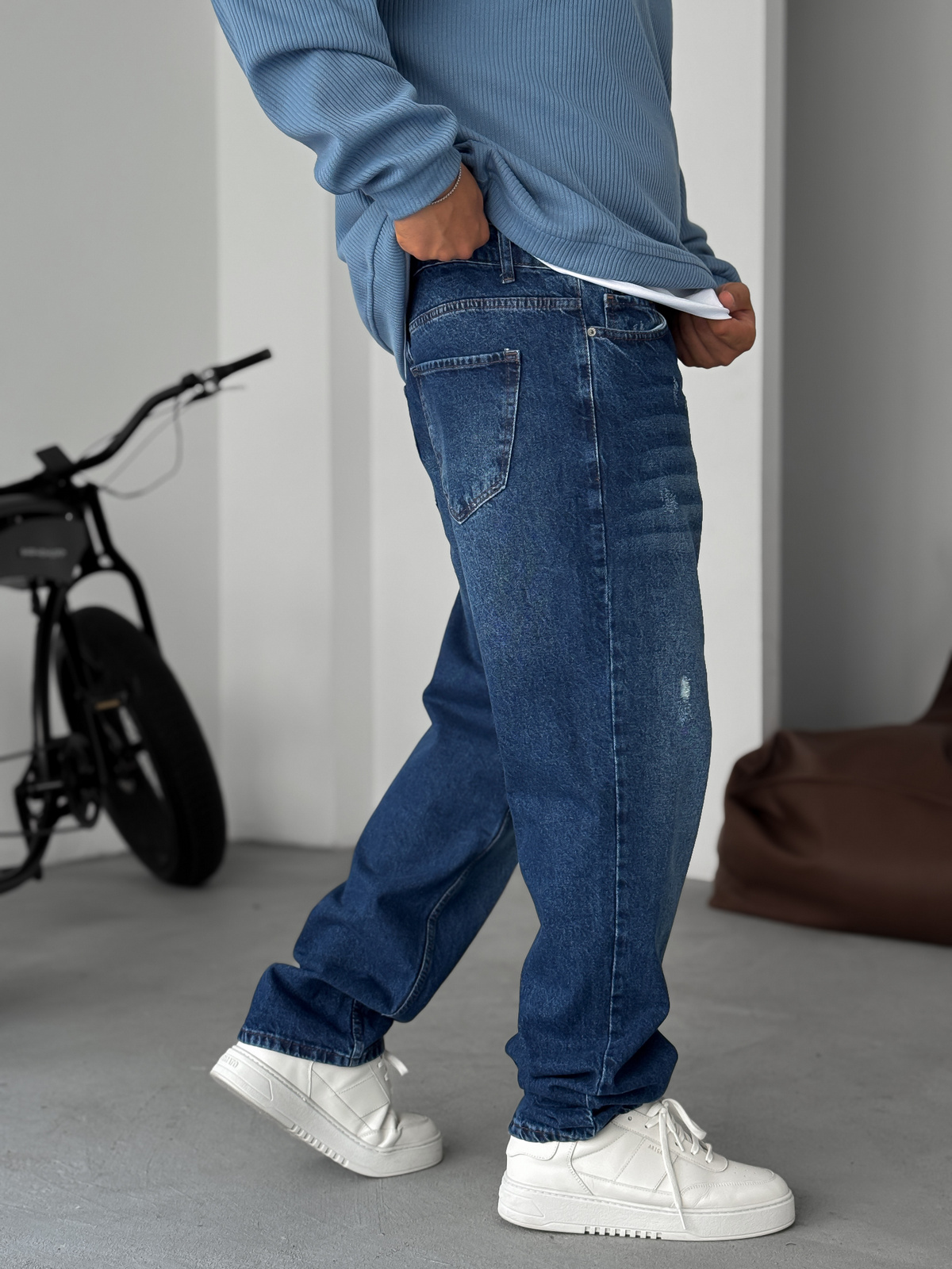 Koyu Mavi Yırtık Detaylı Baggy Jean KE-792