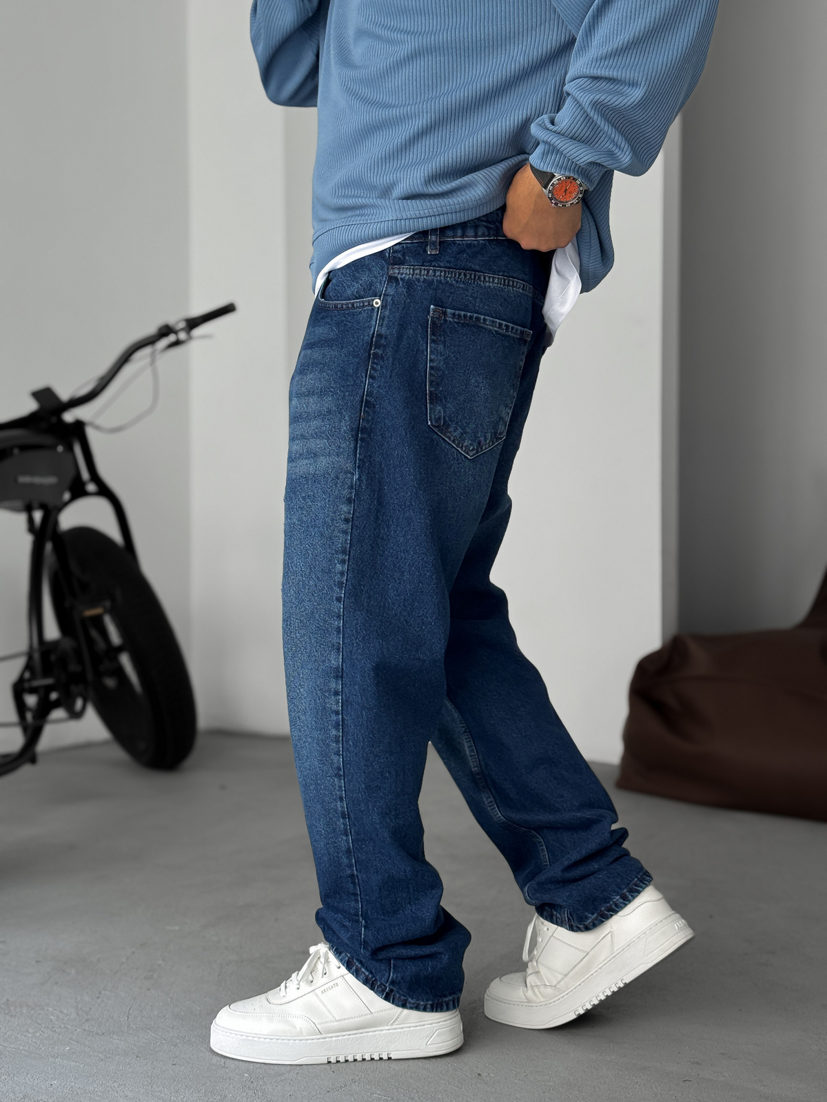 Koyu Mavi Yırtık Detaylı Baggy Jean KE-792