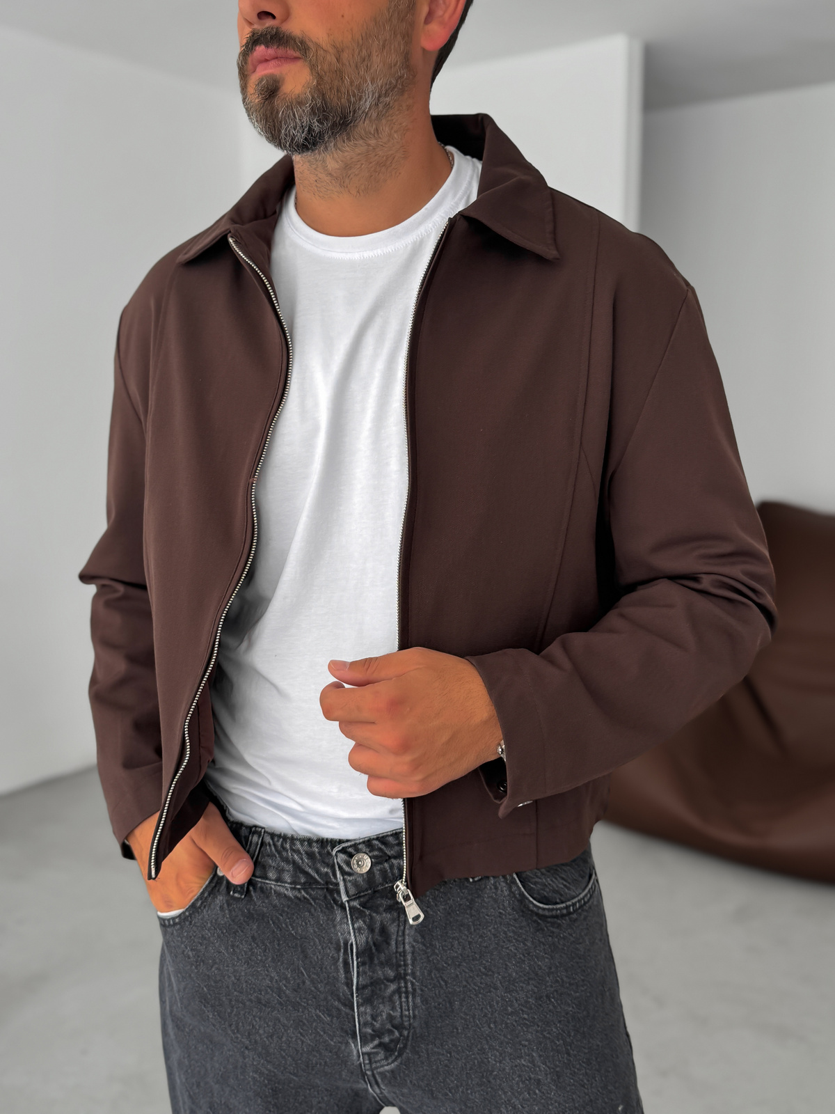 Kahve Boxy Fit Kol Düğmeli Ceket DF-2102