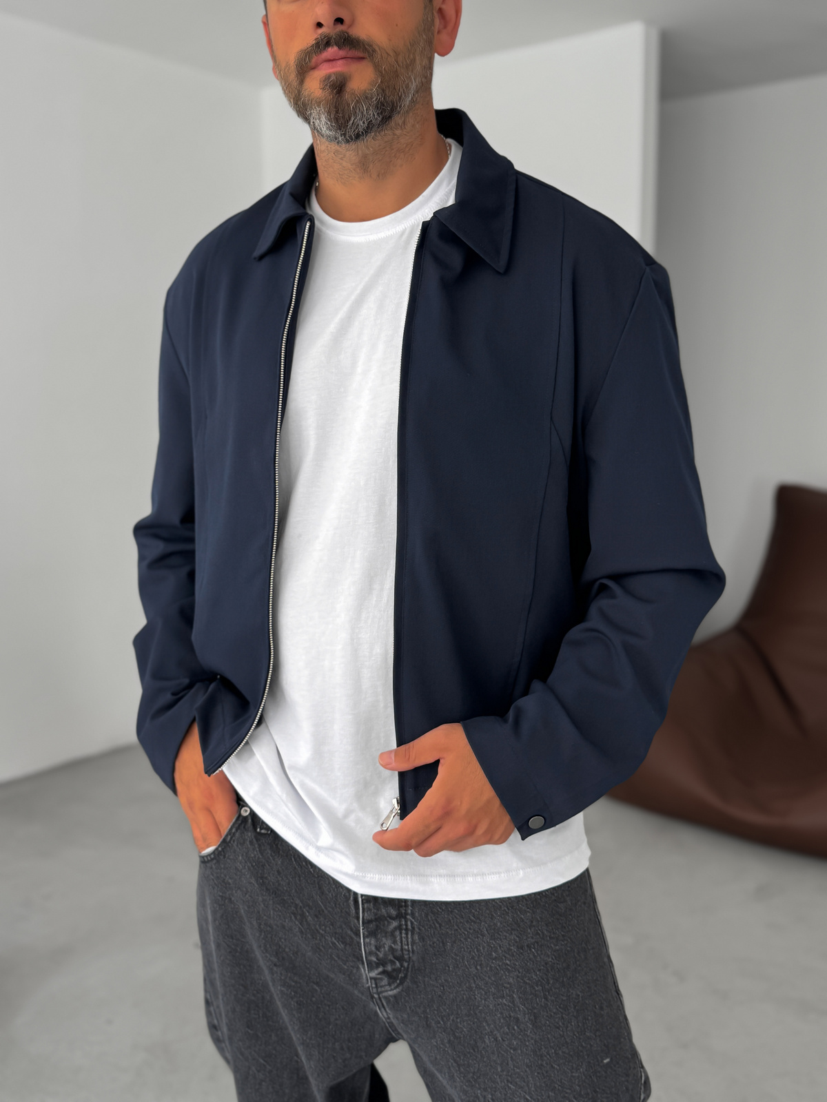 Lacivert Boxy Fit Kol Düğmeli Ceket DF-2102