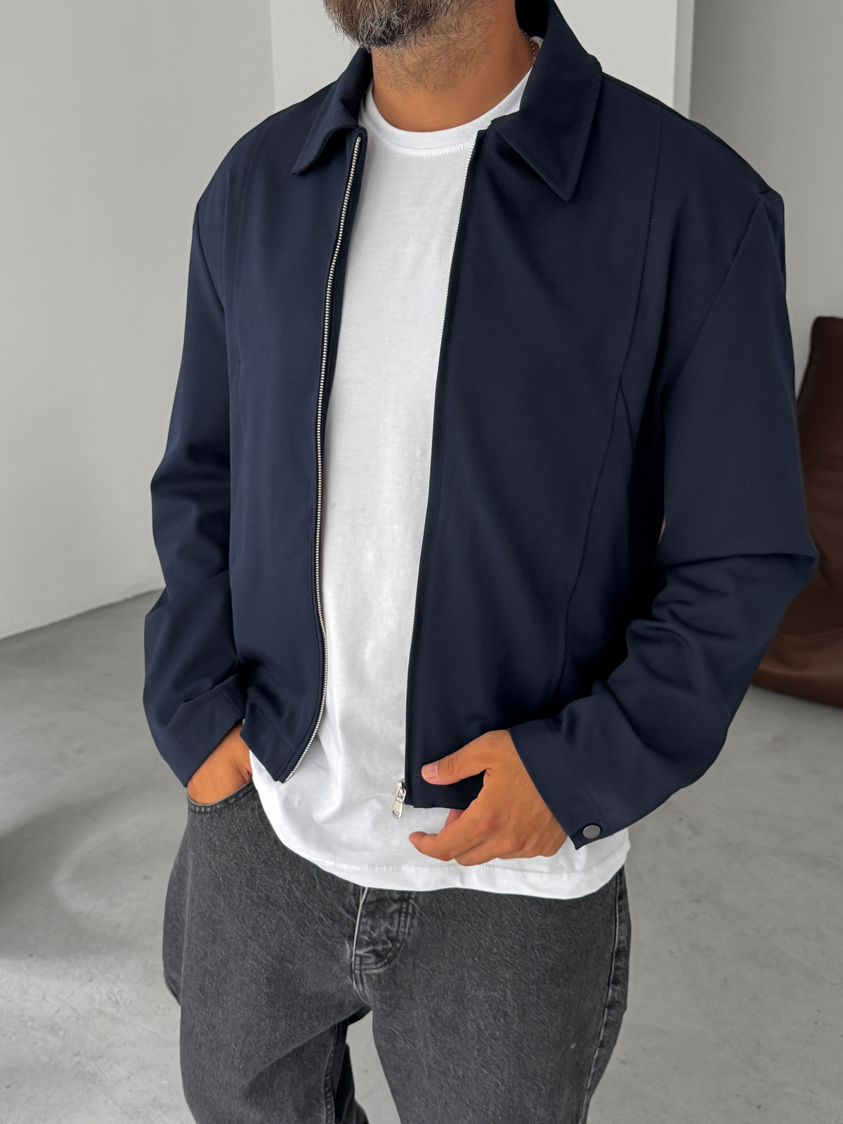 Lacivert Boxy Fit Kol Düğmeli Ceket DF-2102