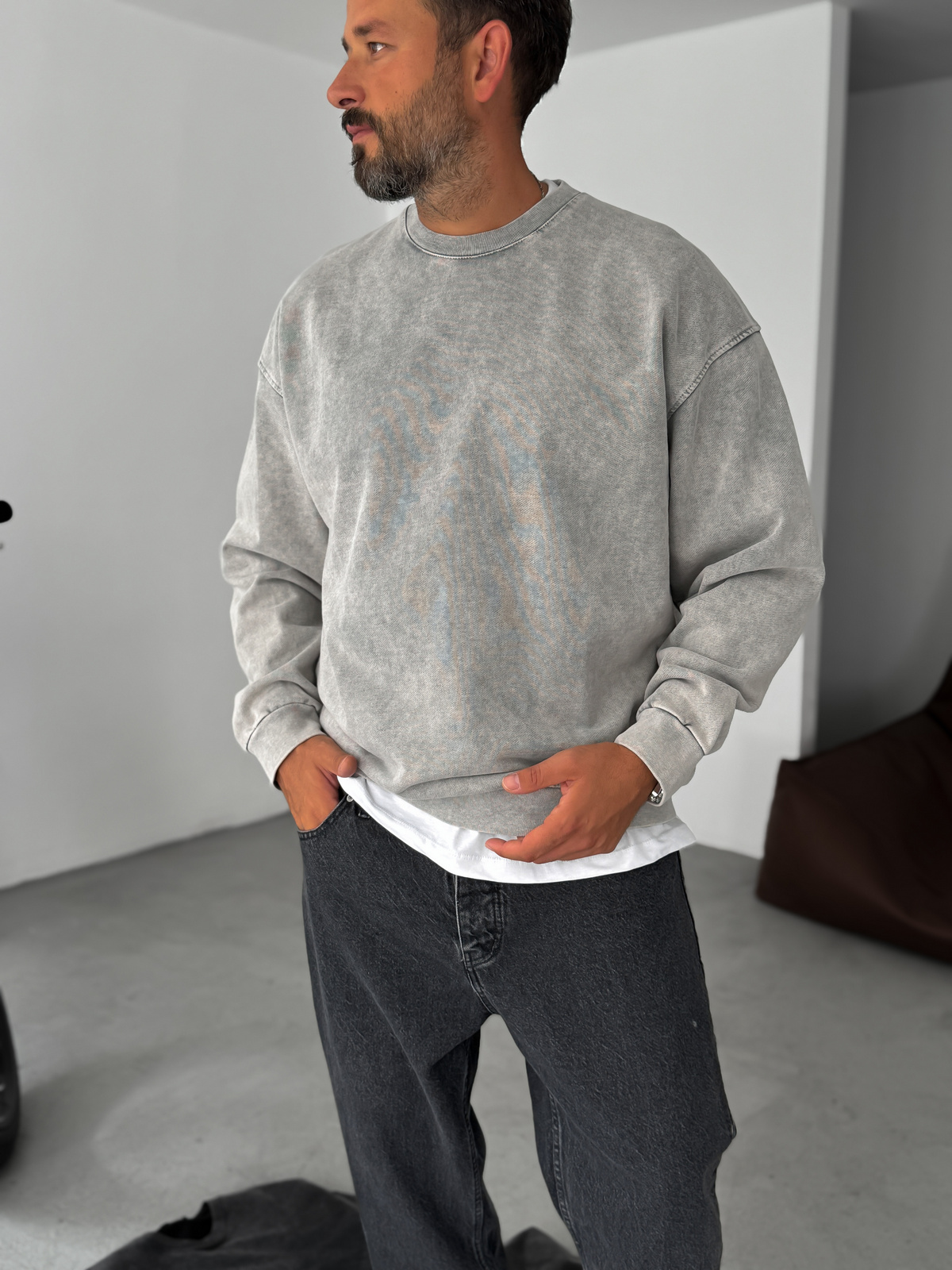 Gri Yıkamalı Basic Oversize Sweatshirt JJ-1262