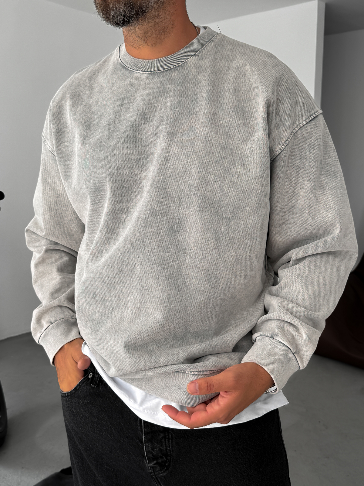 Gri Yıkamalı Basic Oversize Sweatshirt JJ-1262