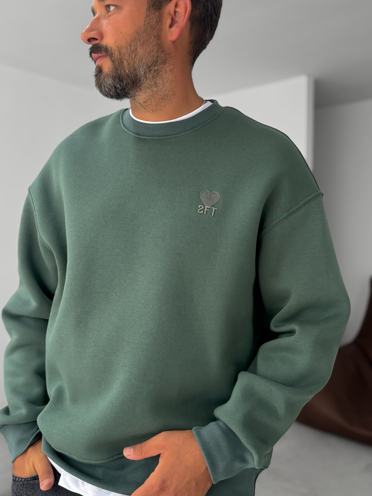 Koyu Yeşil Kalp Nakışlı Basic Oversize Sweatshirt TW-7080