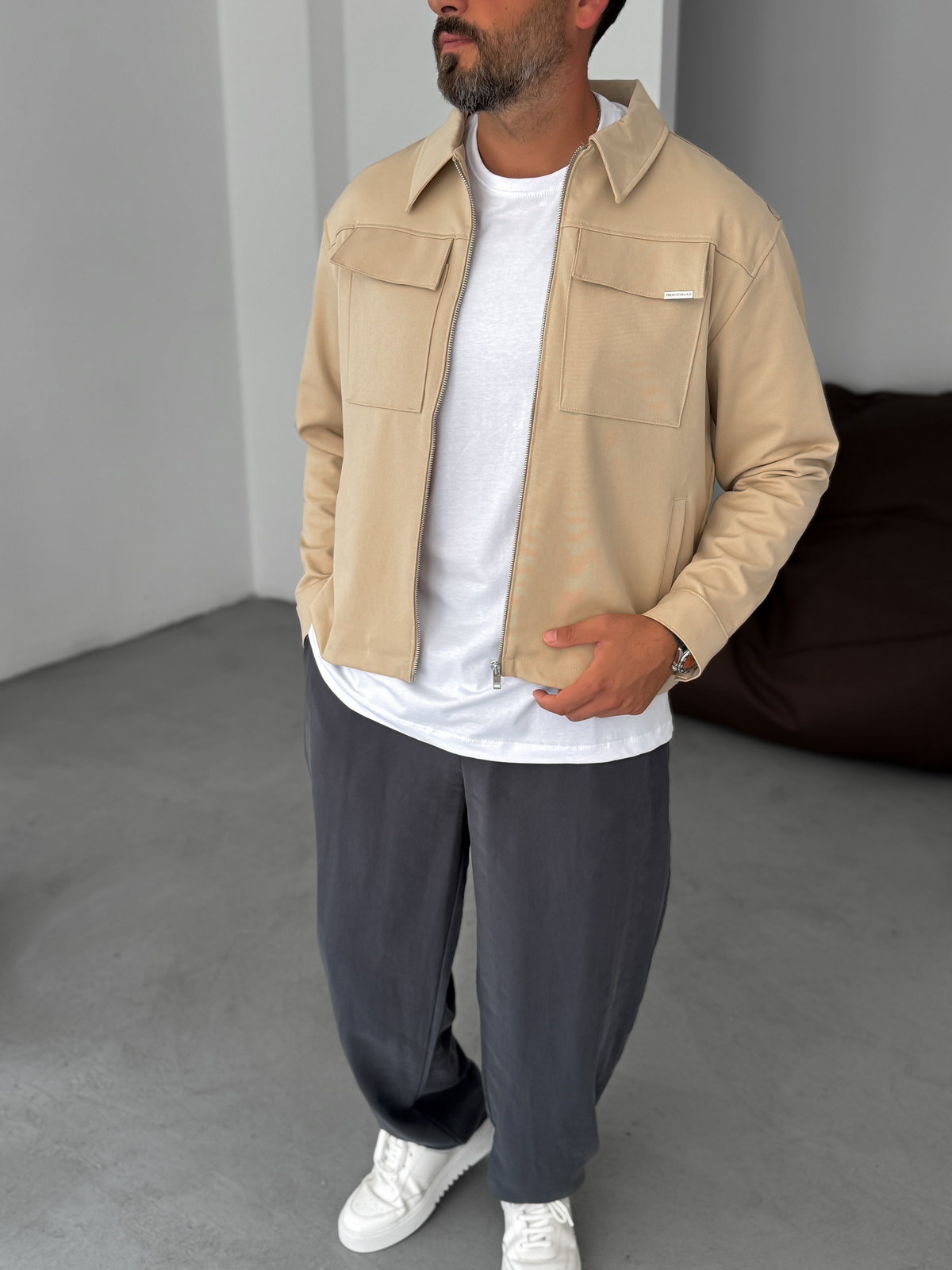 Bej Boxy Fit Çift Cepli Ceket TW-7029