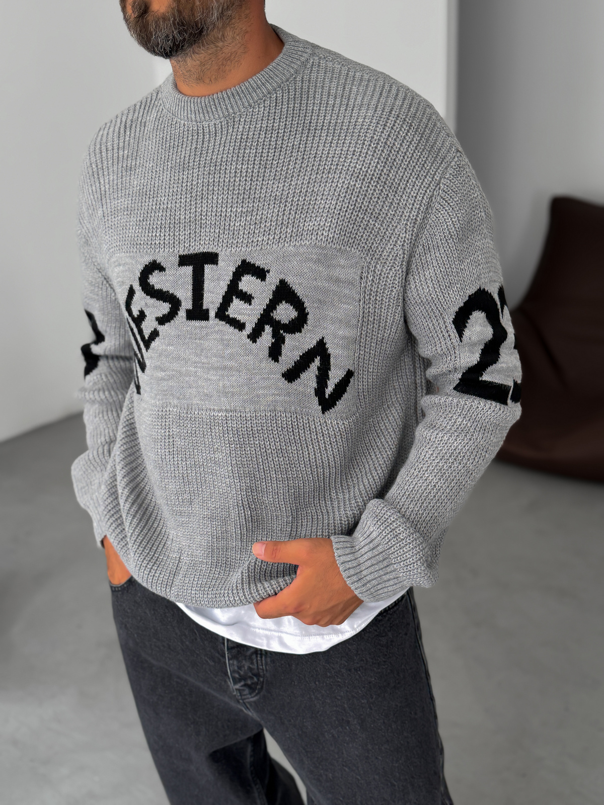 Gri Western Örme Oversize Kazak PM-019