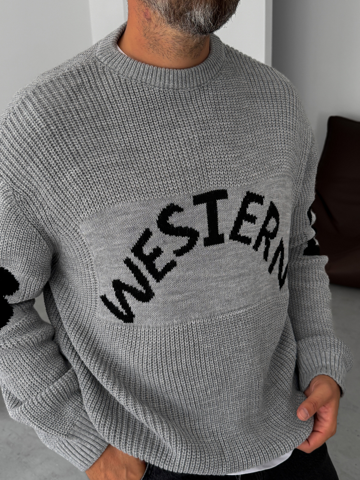Gri Western Örme Oversize Kazak PM-019