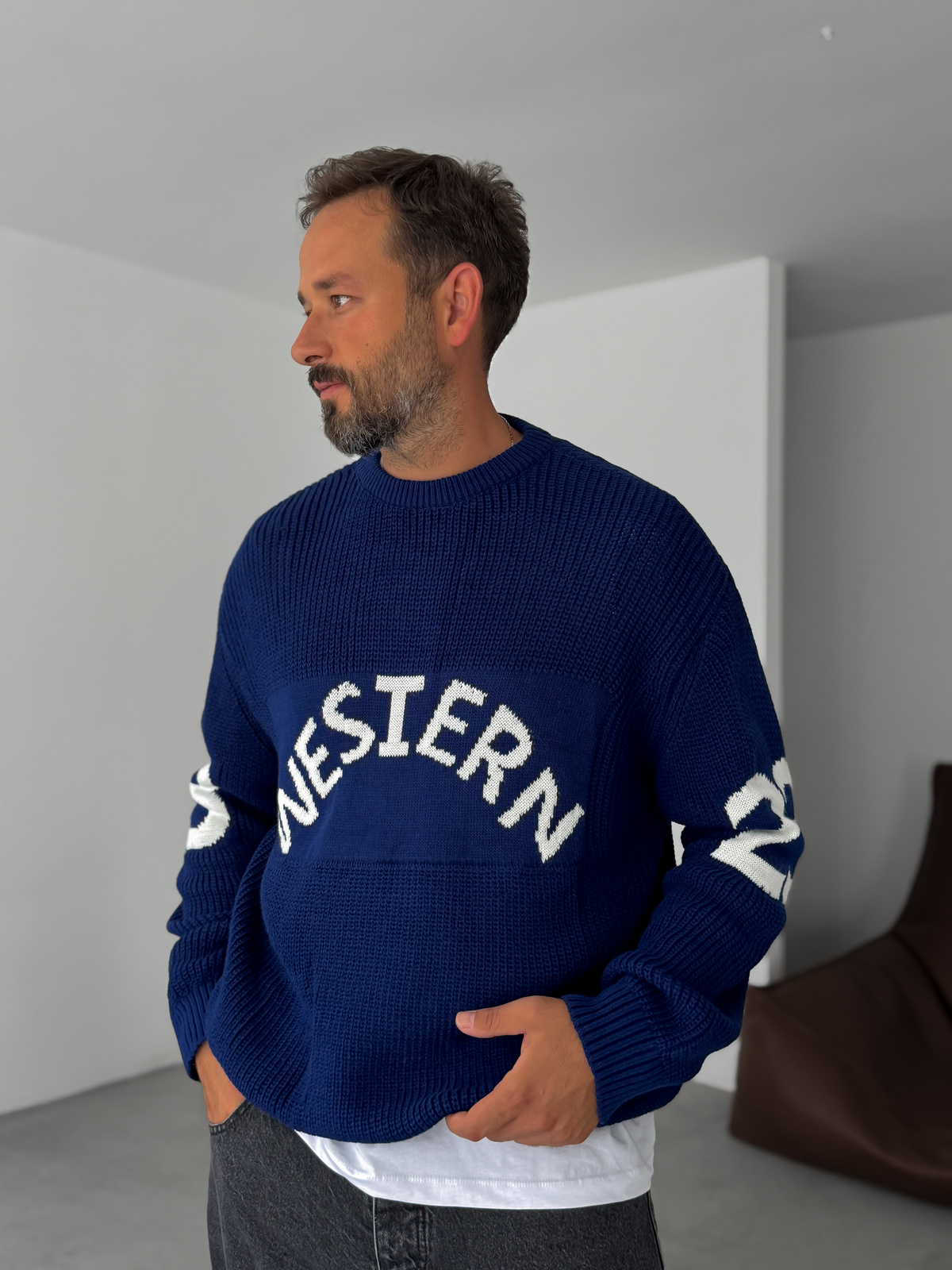 Lacivert Western Örme Oversize Kazak PM-019