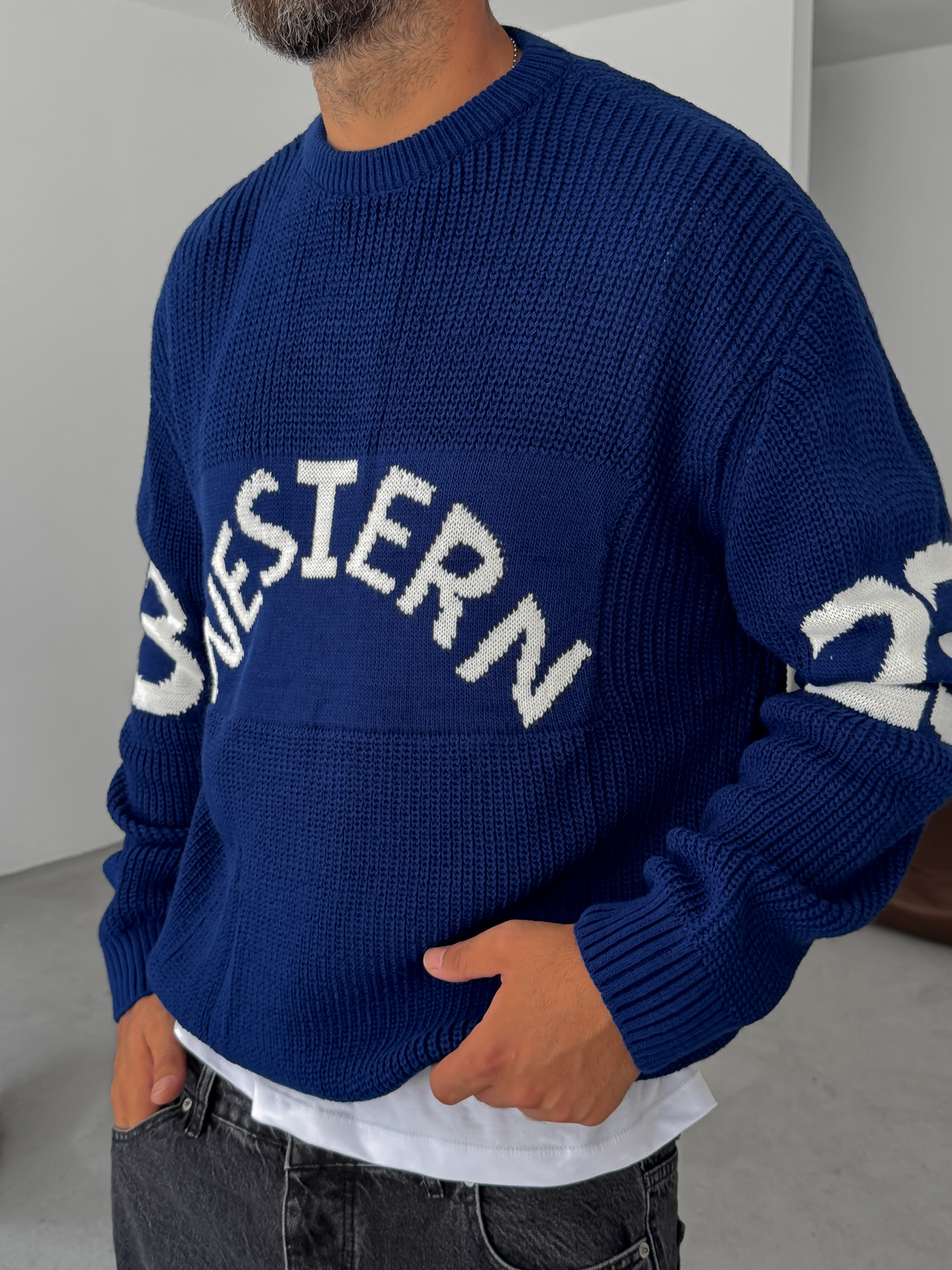 Lacivert Western Örme Oversize Kazak PM-019