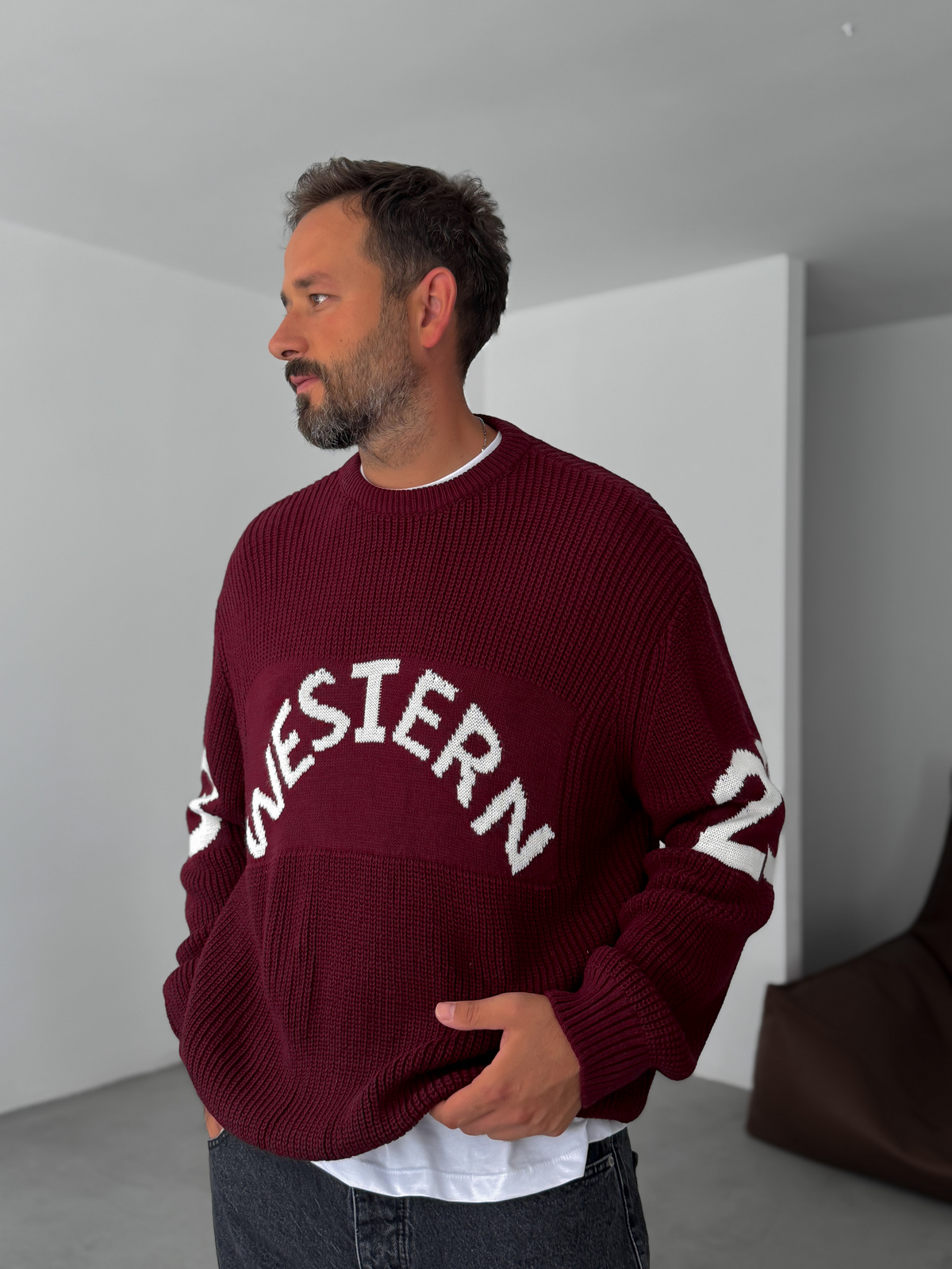 Bordo Western Örme Oversize Kazak PM-019