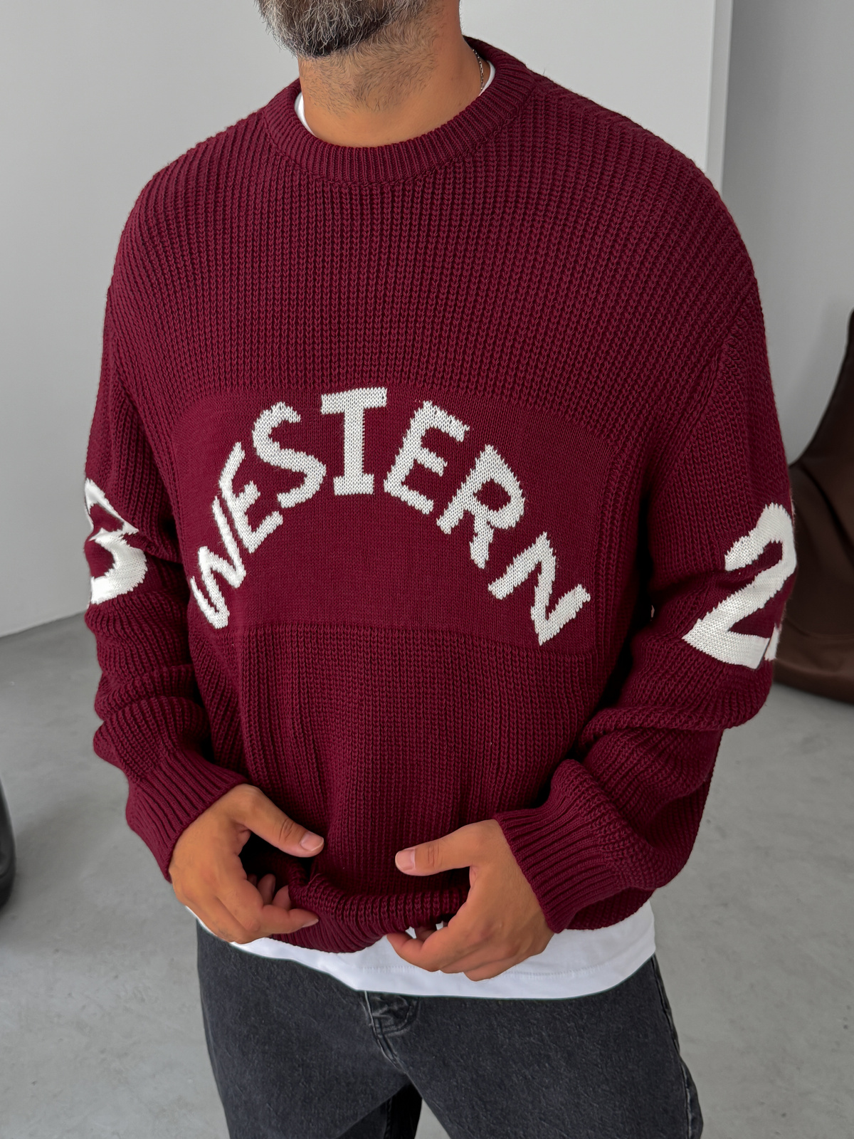 Bordo Western Örme Oversize Kazak PM-019