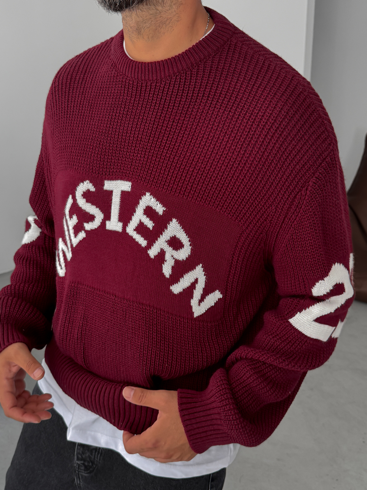 Bordo Western Örme Oversize Kazak PM-019