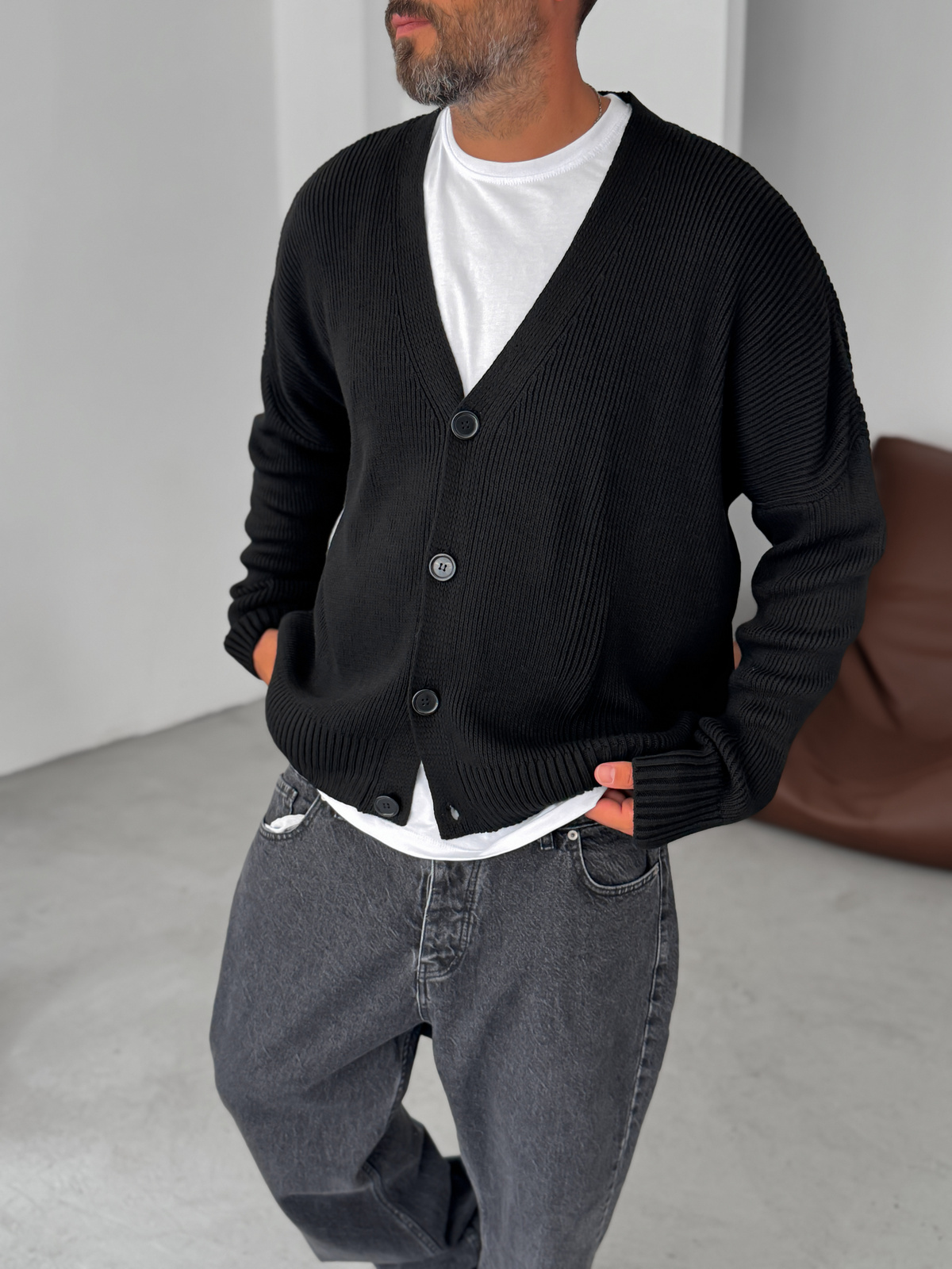 Siyah Düğmeli Oversize Örme Hırka PM-021