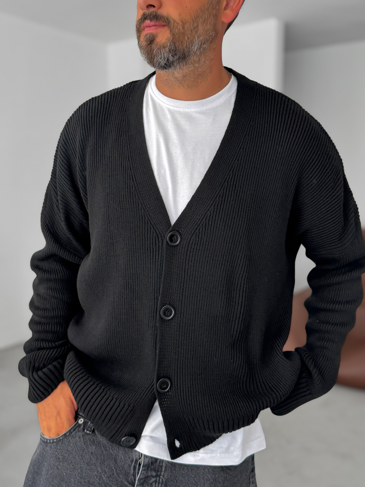 Siyah Düğmeli Oversize Örme Hırka PM-021