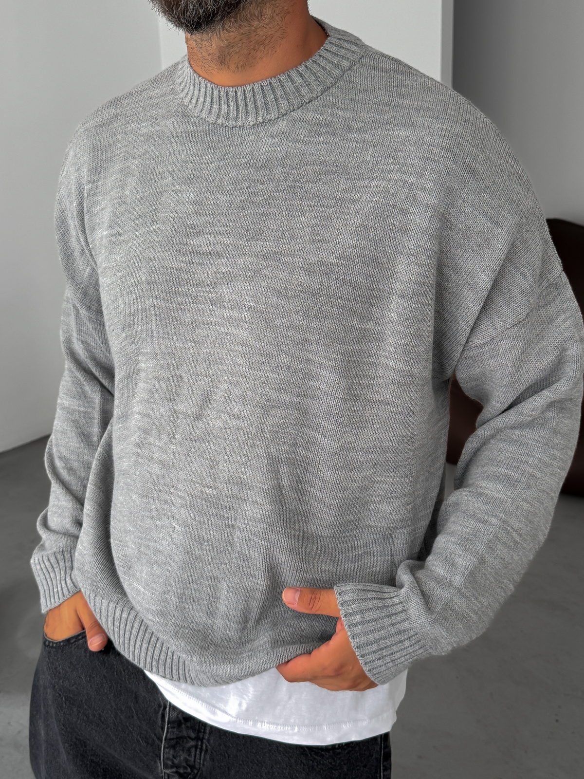 Gri Basic Oversize Örme Kazak PM-025