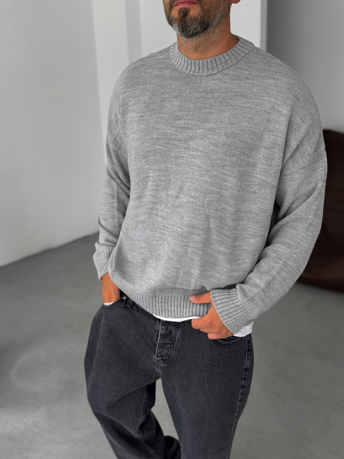 Gri Basic Oversize Örme Kazak PM-025