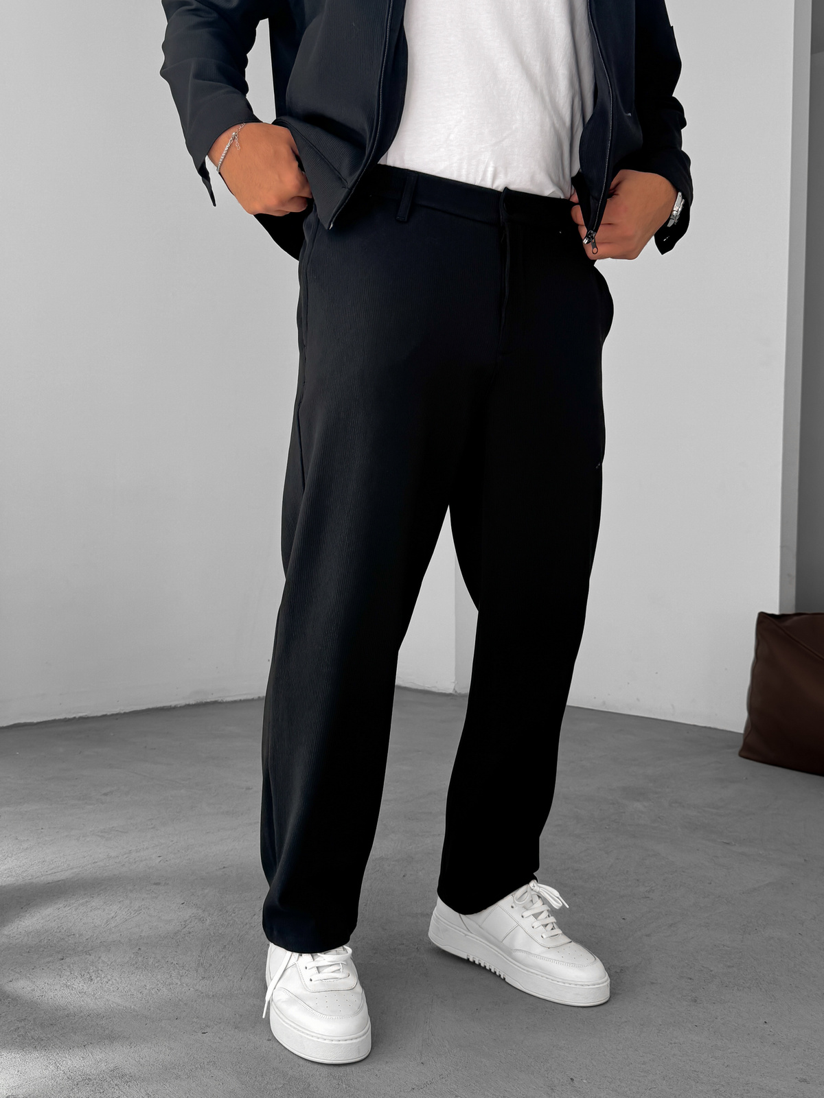 Siyah Örme Fitilli Baggy Pantolon GJ-