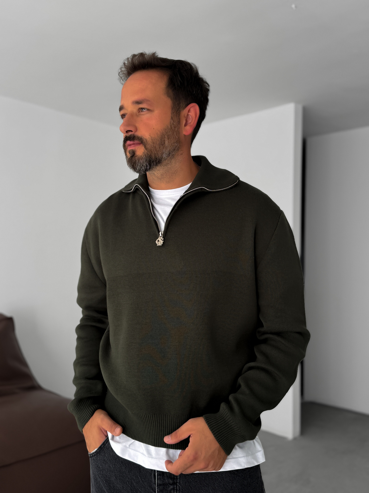Haki Yarım Fermuarlı Triko Sweatshirt G-18130