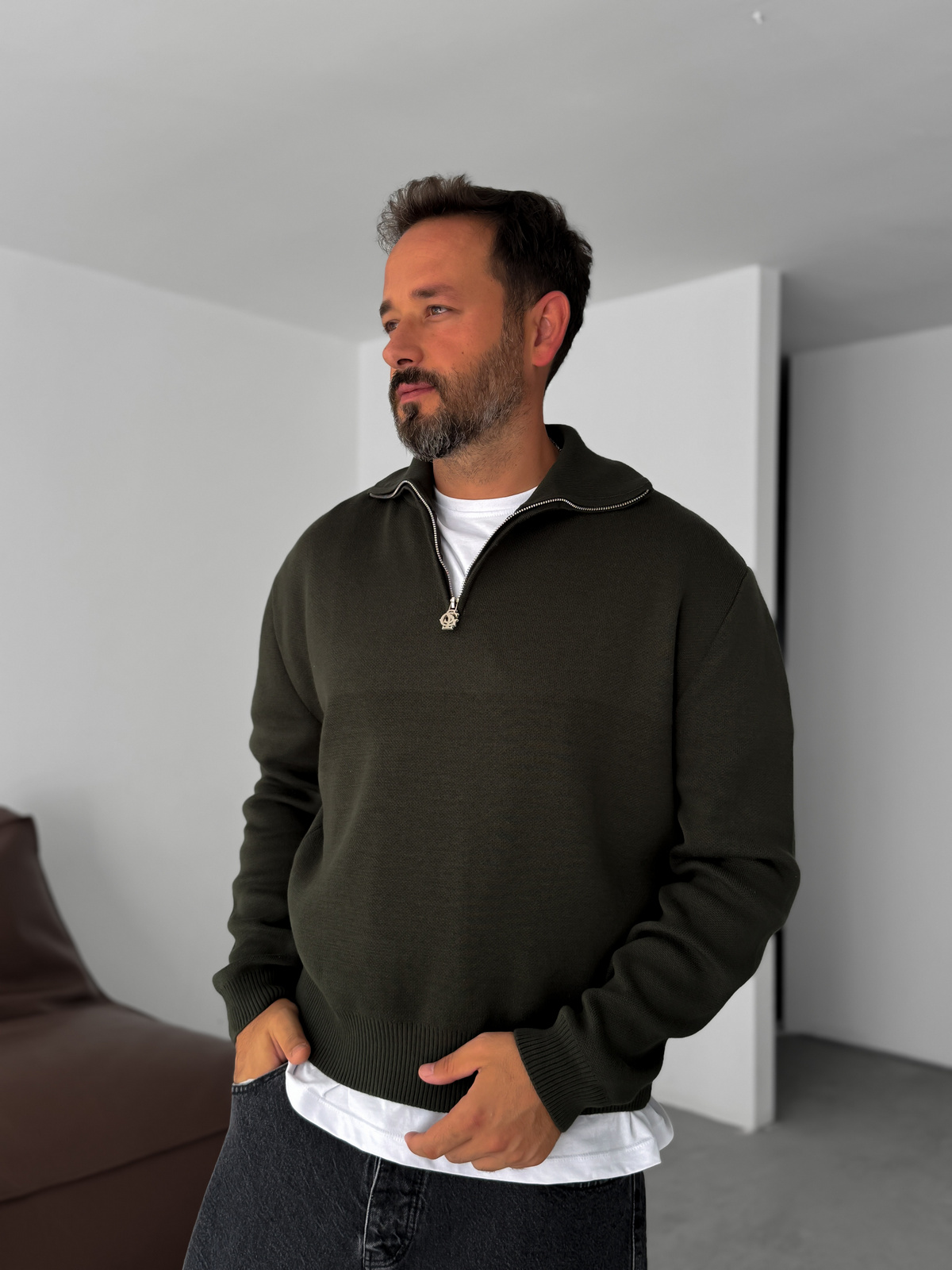 Haki Yarım Fermuarlı Triko Sweatshirt G-18130