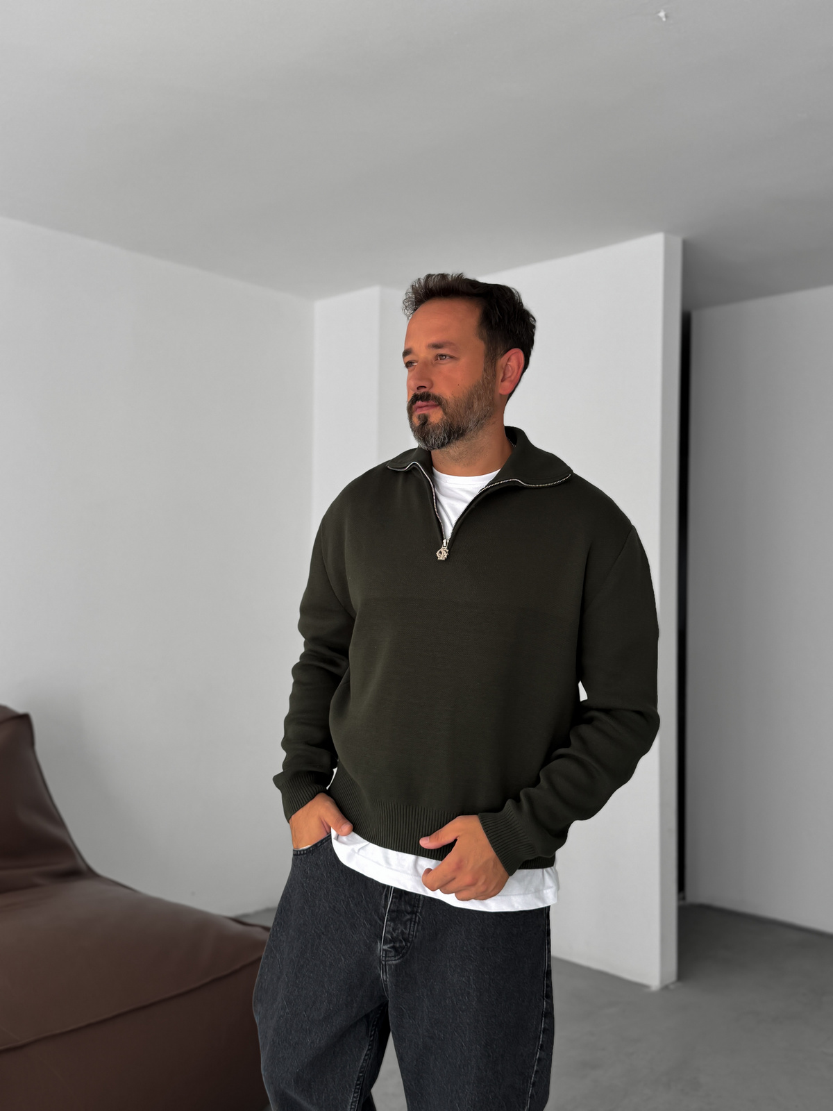 Haki Yarım Fermuarlı Triko Sweatshirt G-18130