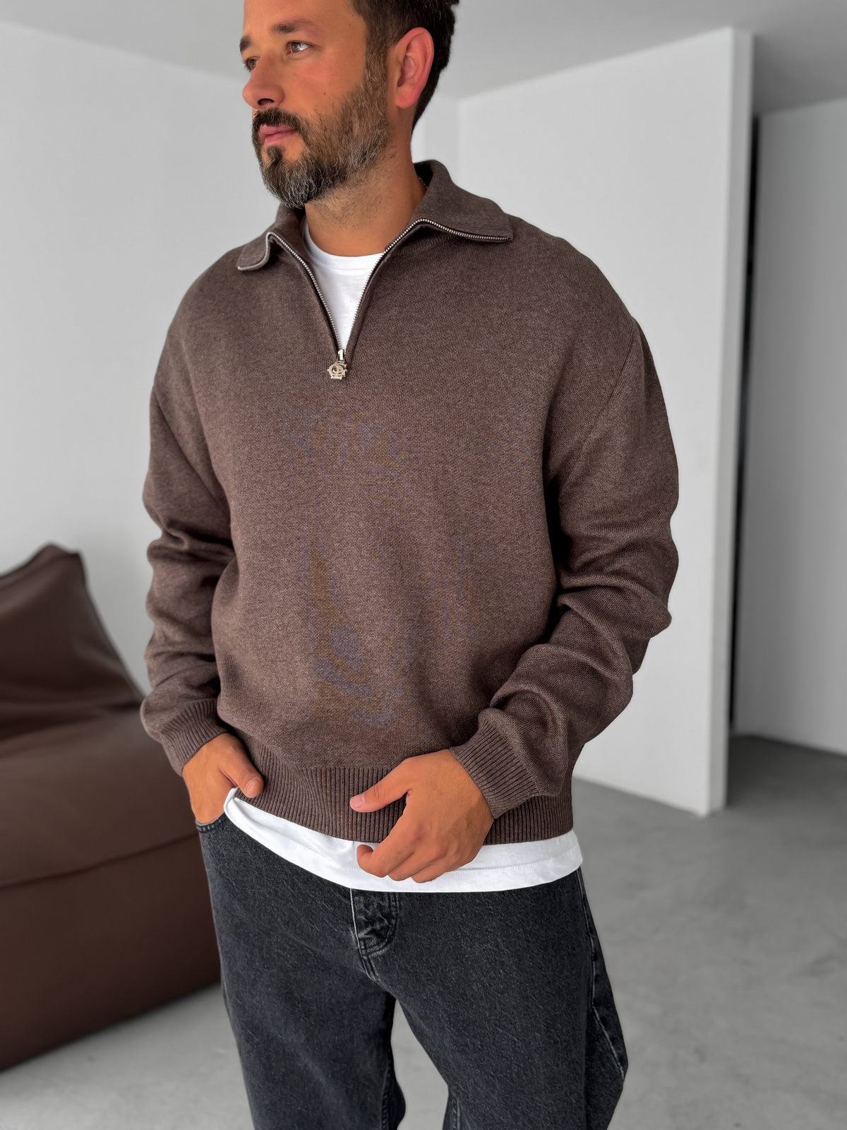 Kahve Yarım Fermuarlı Triko Sweatshirt G-18130