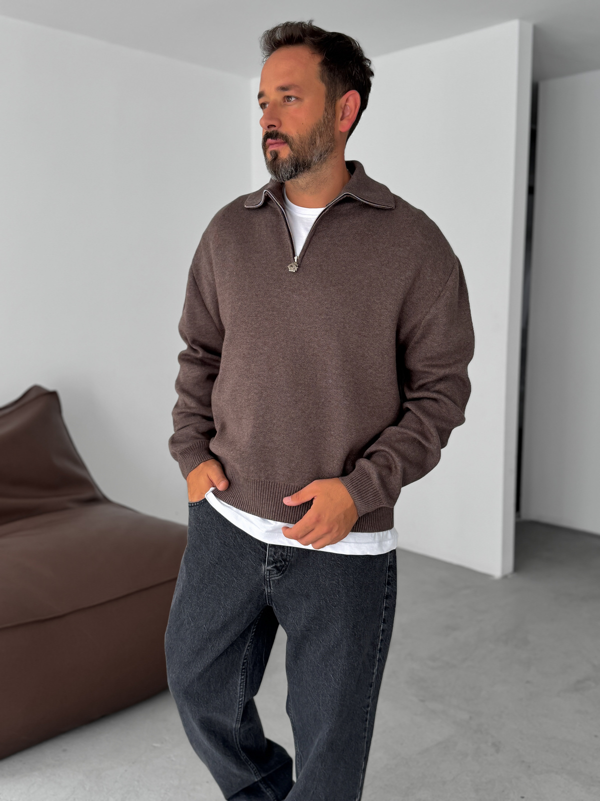 Kahve Yarım Fermuarlı Triko Sweatshirt G-18130