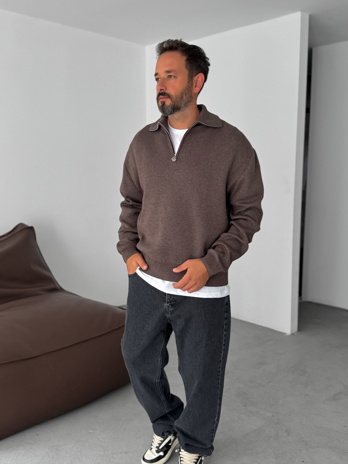 Kahve Yarım Fermuarlı Triko Sweatshirt G-18130