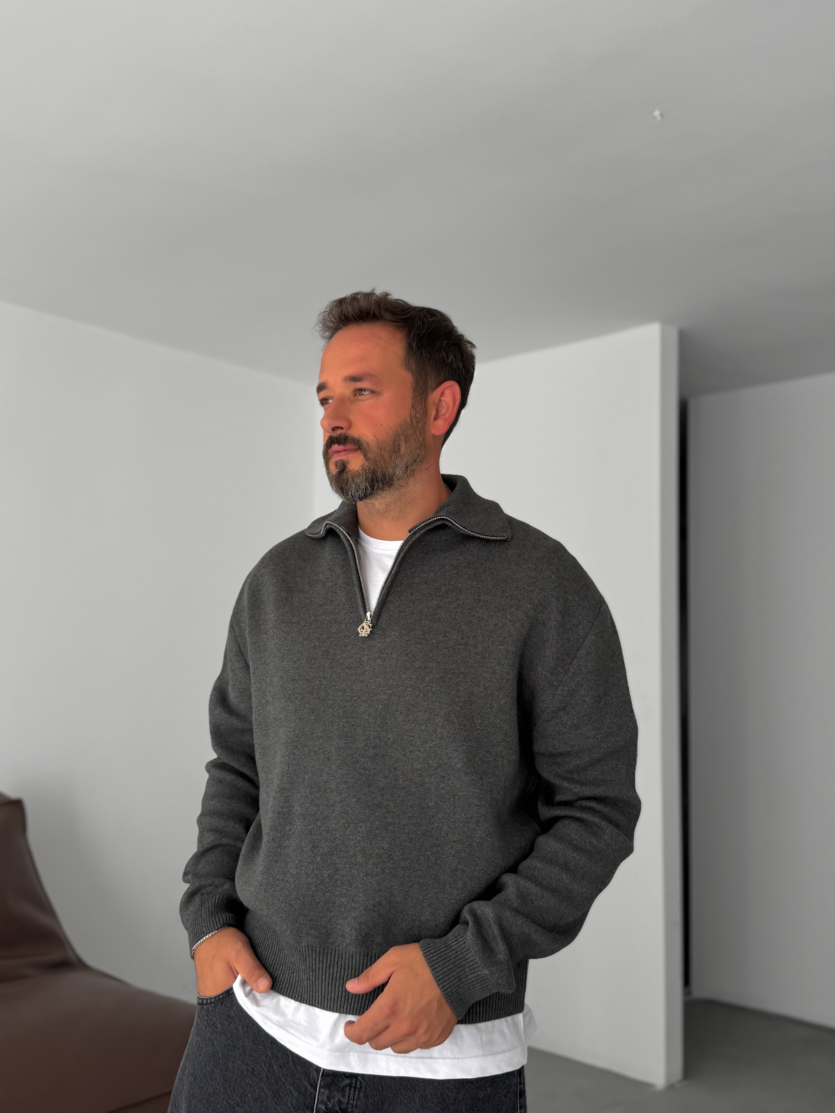 Antrasit Yarım Fermuarlı Triko Sweatshirt G-18130