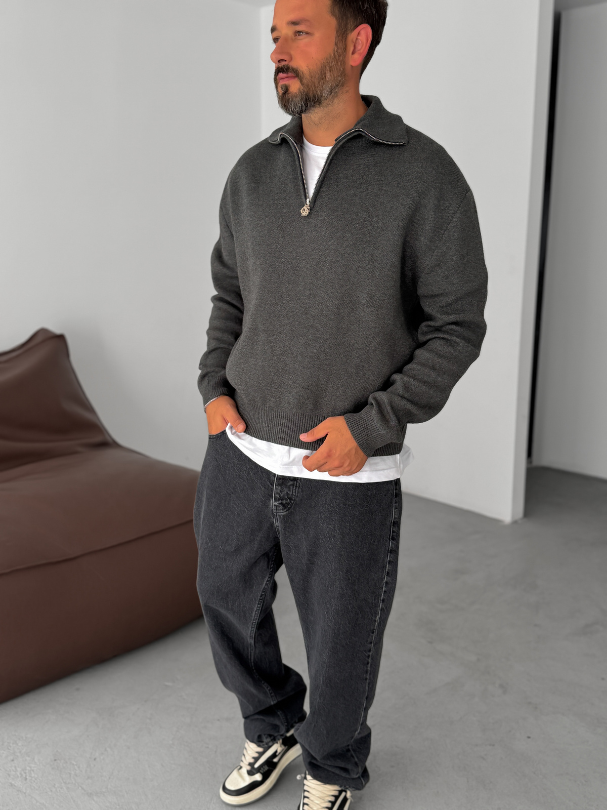 Antrasit Yarım Fermuarlı Triko Sweatshirt G-18130