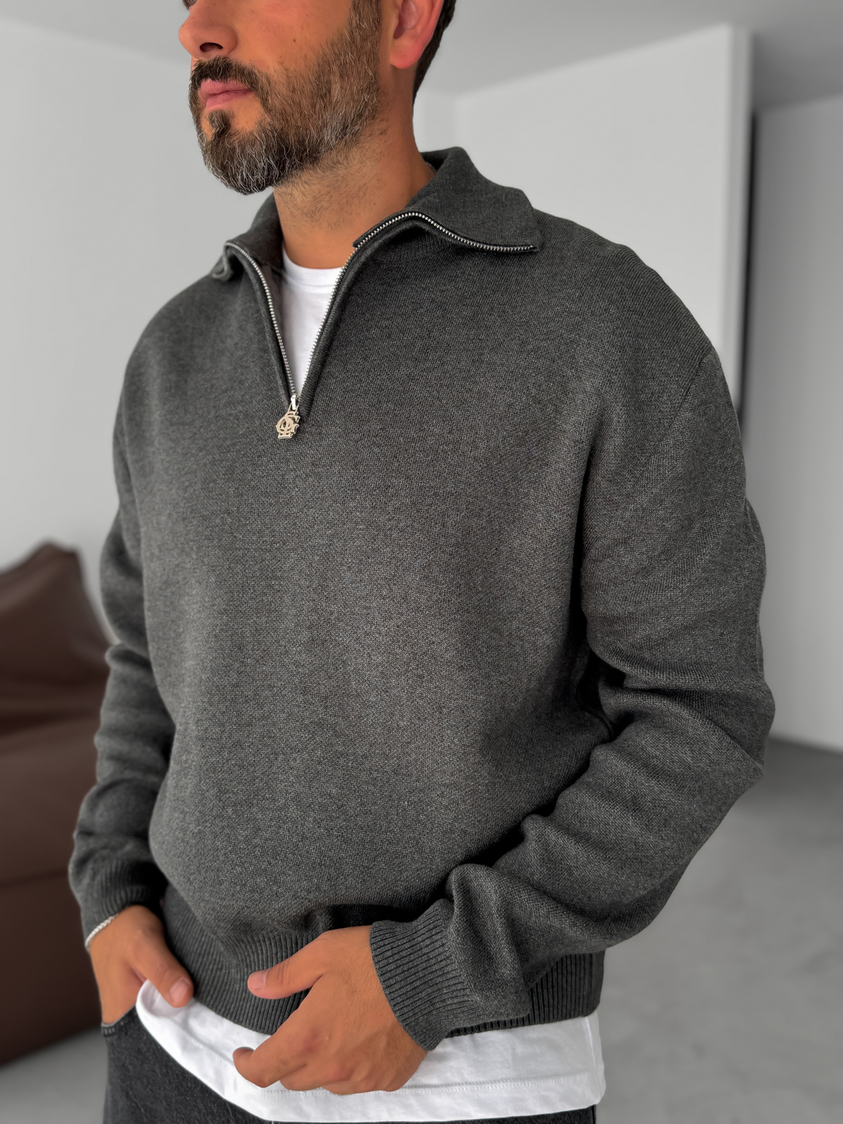 Antrasit Yarım Fermuarlı Triko Sweatshirt G-18130