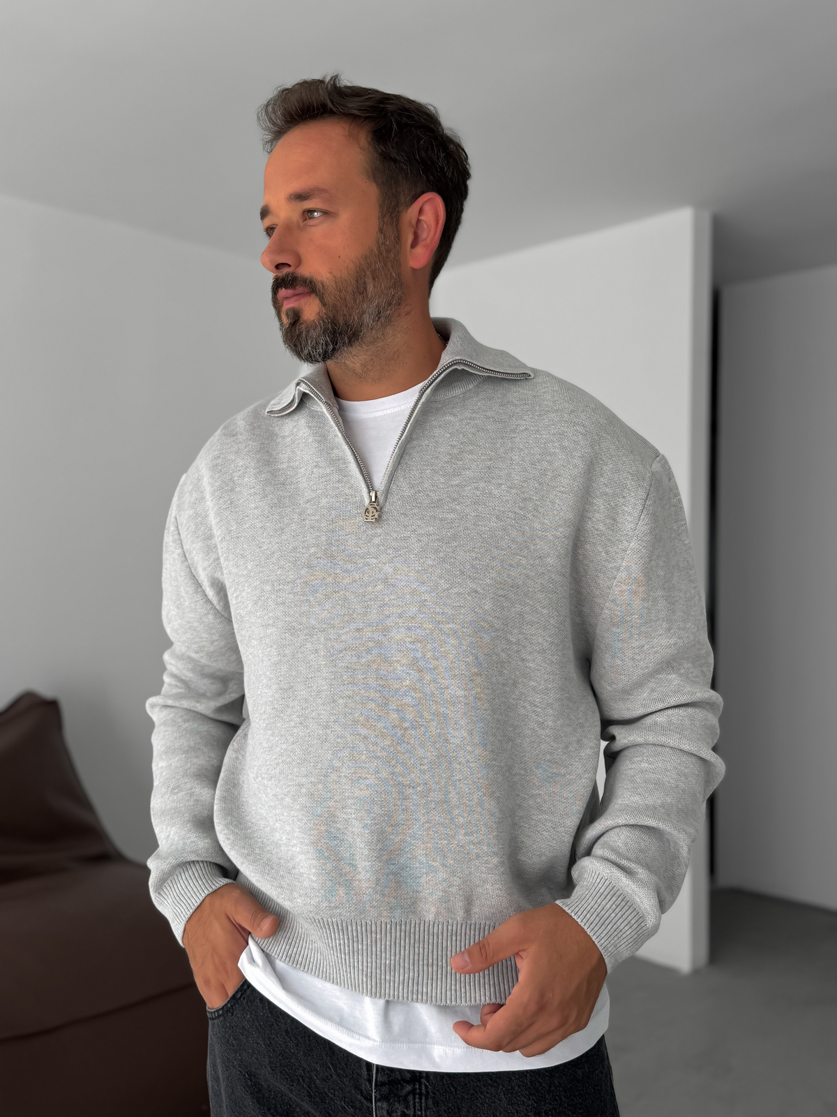 Açık Gri Yarım Fermuarlı Triko Sweatshirt G-18130