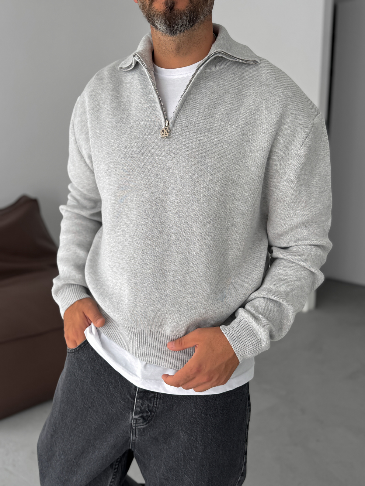 Açık Gri Yarım Fermuarlı Triko Sweatshirt G-18130