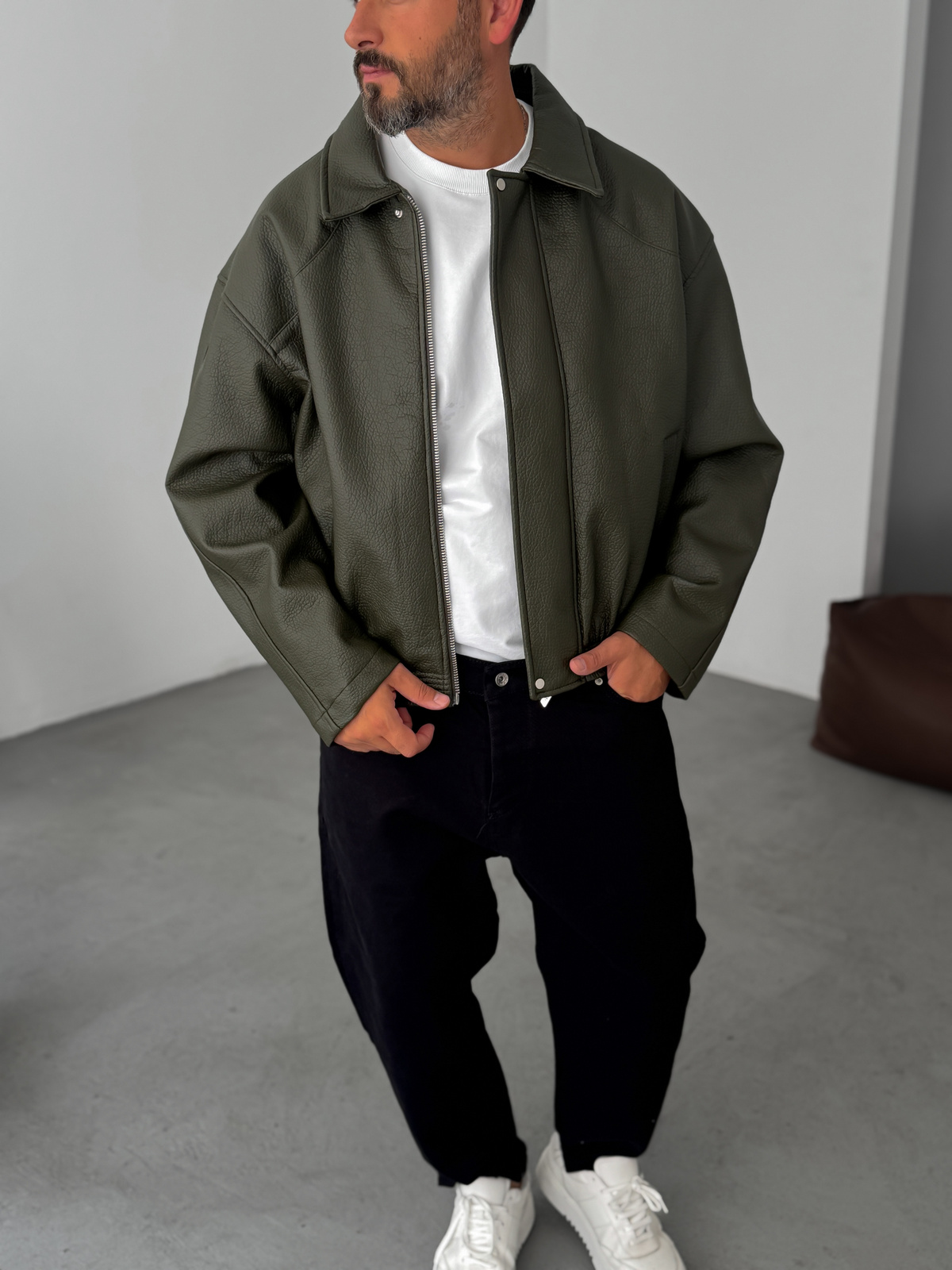 Haki Retro Oversize Deri Ceket G-5761