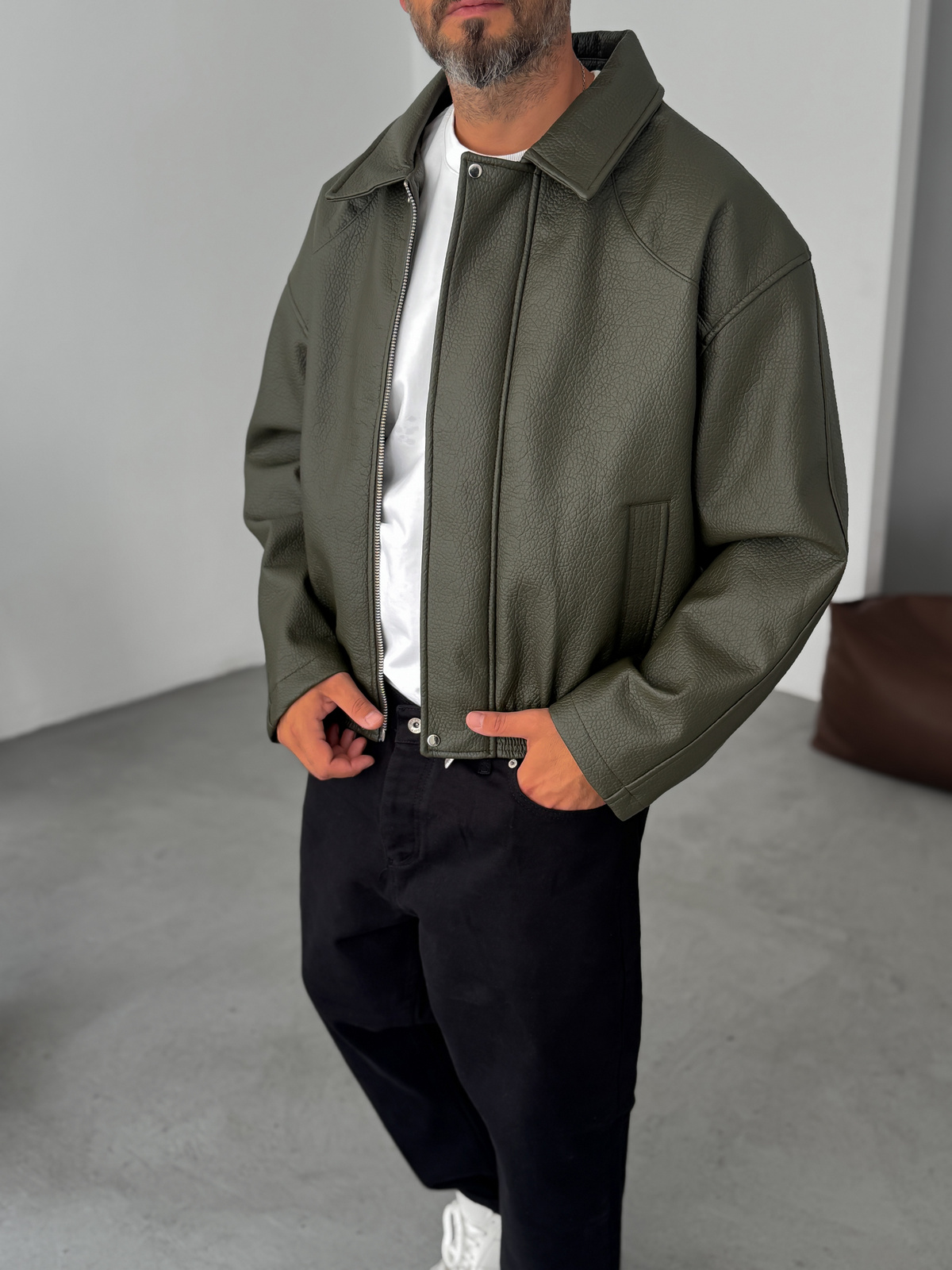 Haki Retro Oversize Deri Ceket G-5761