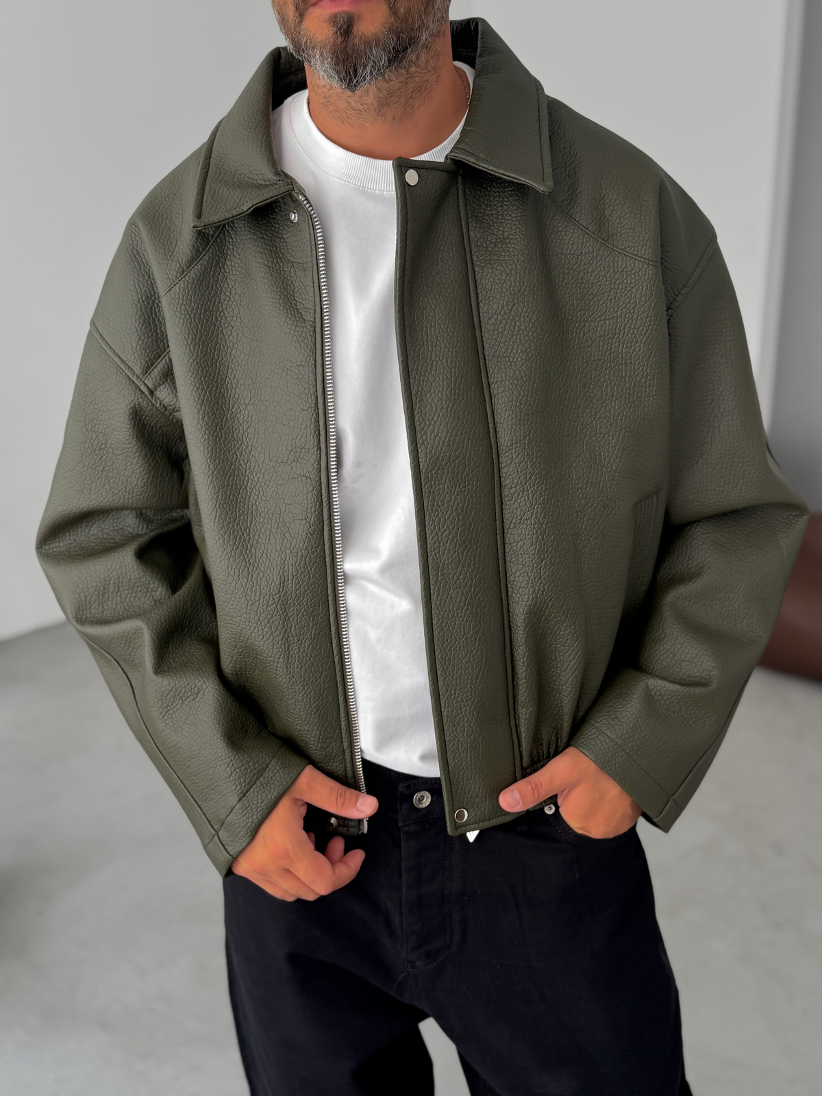 Haki Retro Oversize Deri Ceket G-5761