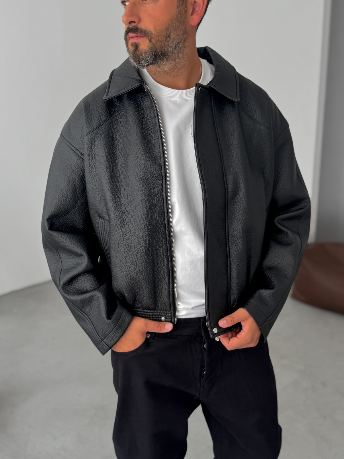 Siyah Retro Oversize Deri Ceket G-5761