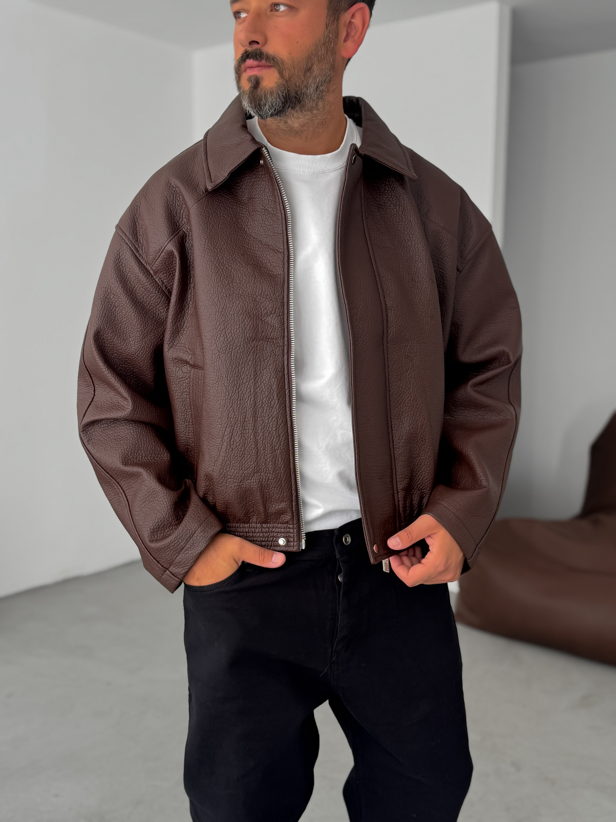 Kahve Retro Oversize Deri Ceket G-5761