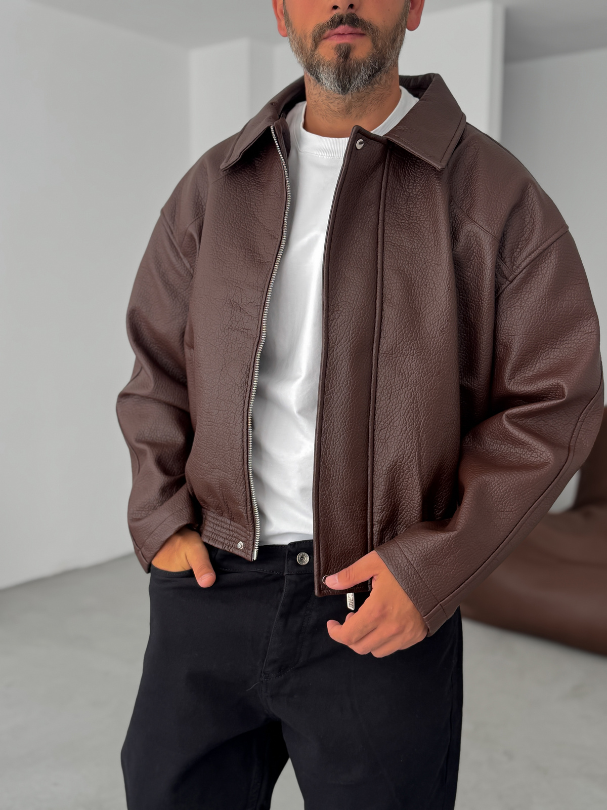 Kahve Retro Oversize Deri Ceket G-5761