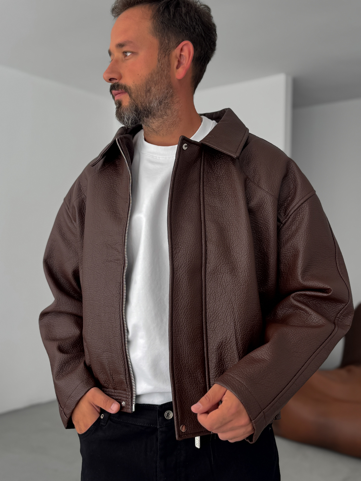 Kahve Retro Oversize Deri Ceket G-5761