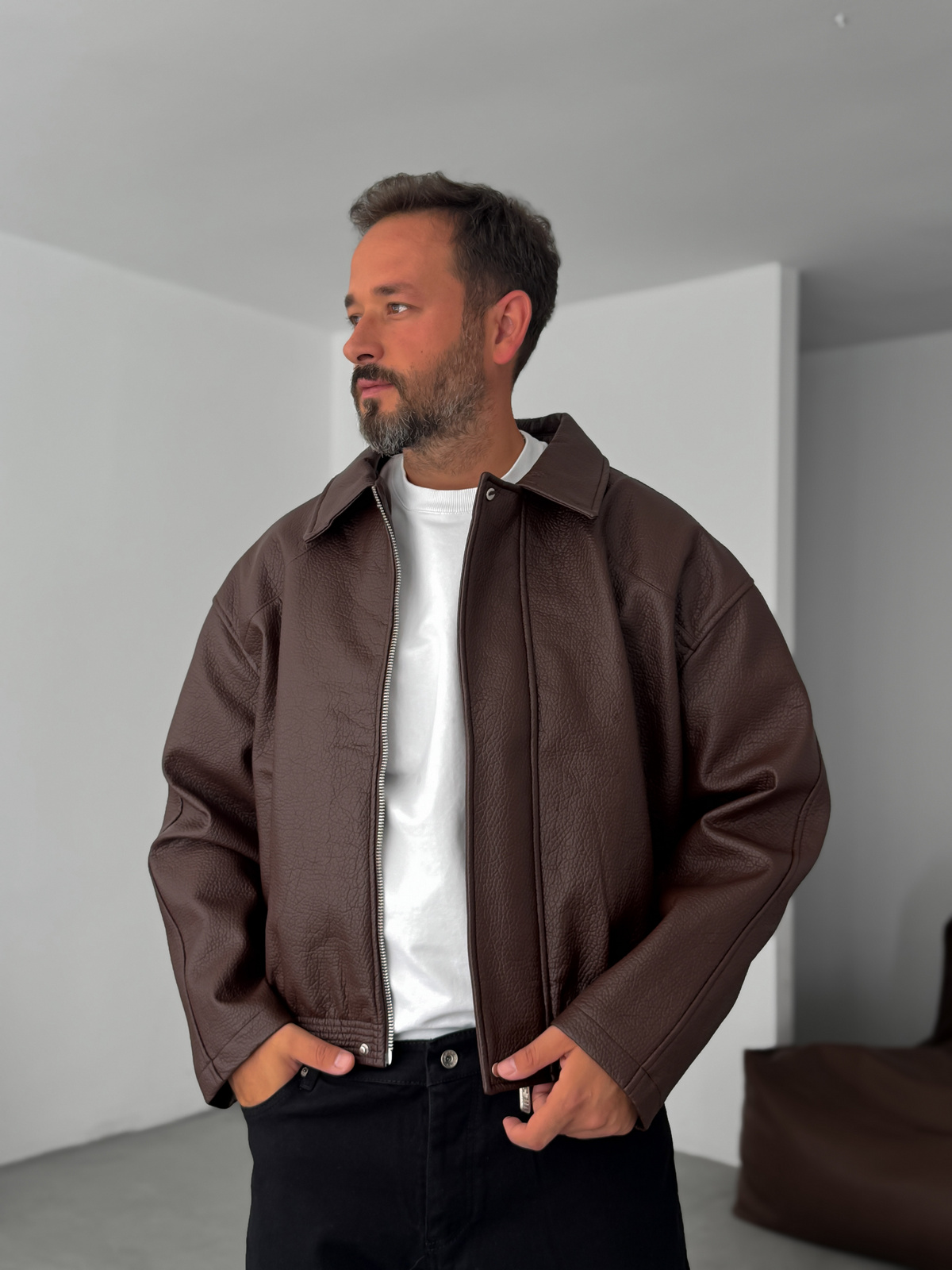 Kahve Retro Oversize Deri Ceket G-5761